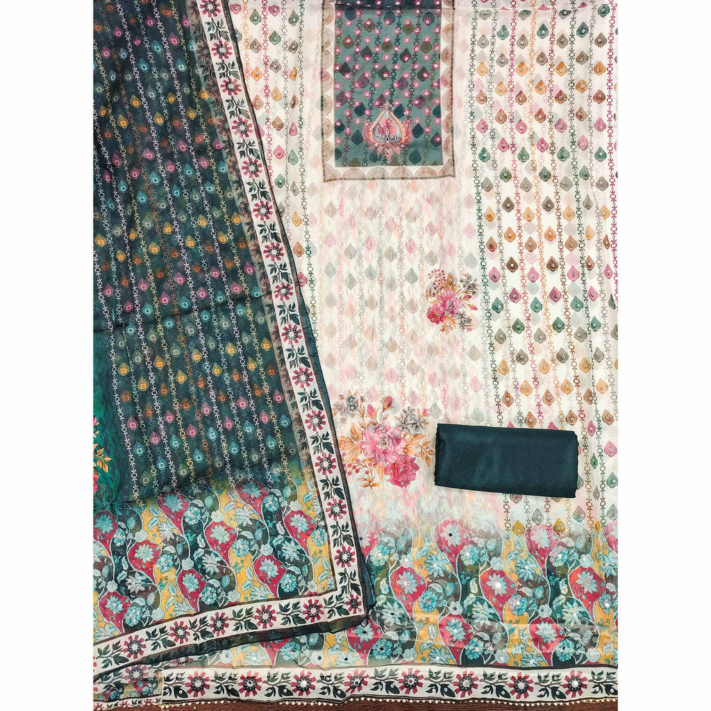 Off-White & Green Organza Dress Material with Elegant Floral Prints