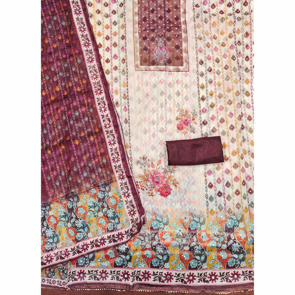 Off-White & Maroon Organza Dress Material with Elegant Floral Prints