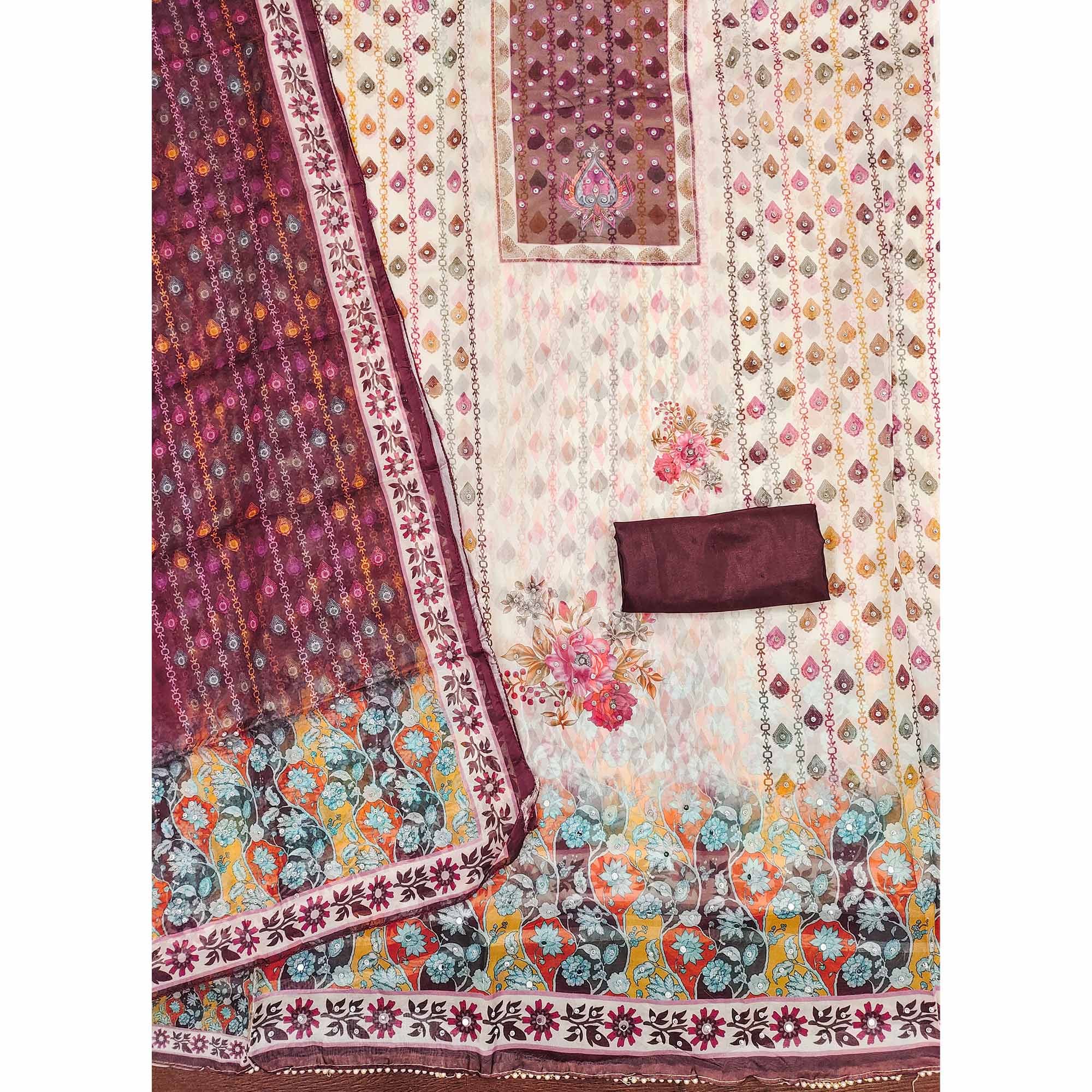 Off-White & Maroon Organza Dress Material with Elegant Floral Prints