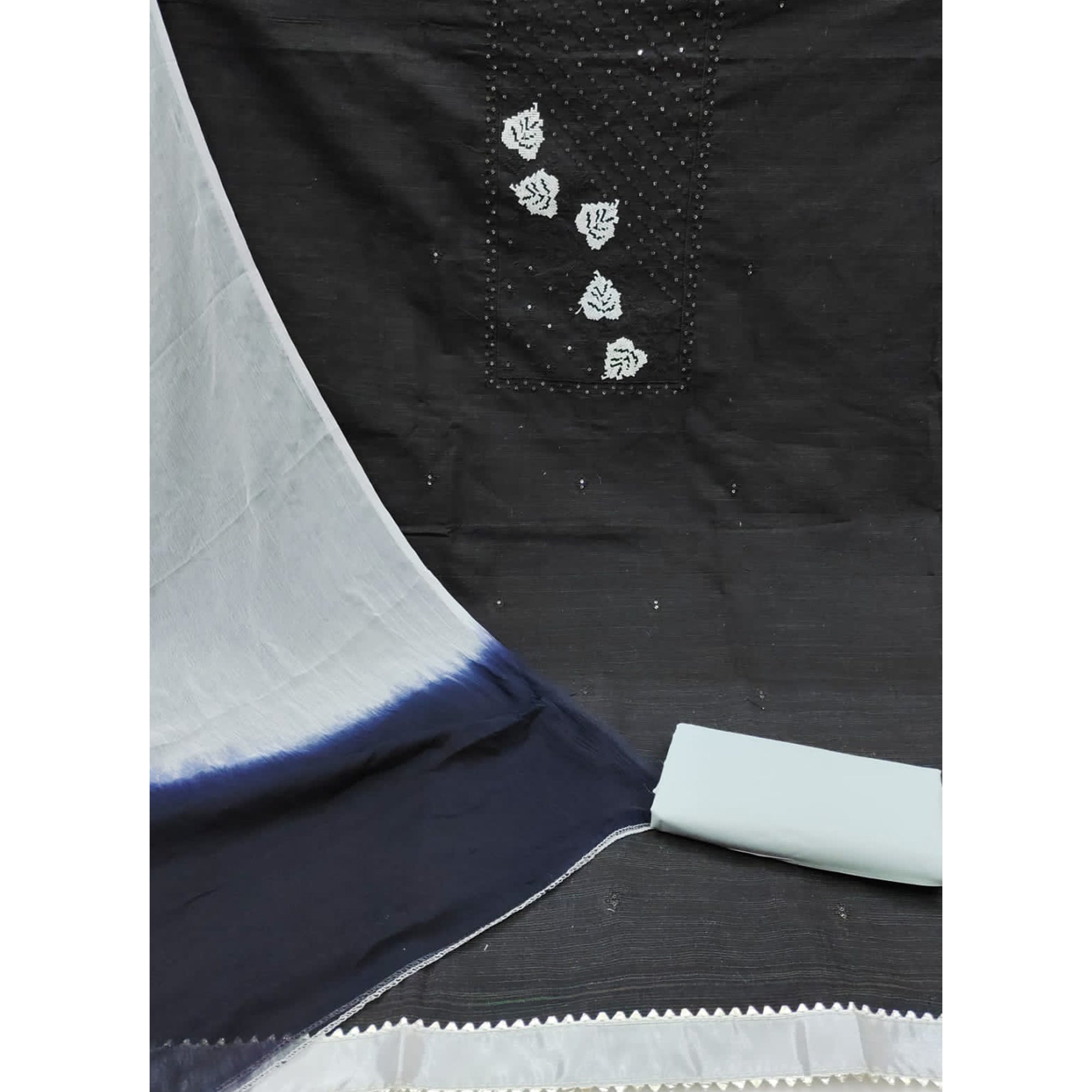 Black Cotton Blend Dress Material Featuring Thread Embroidery & Sequins Embellishment