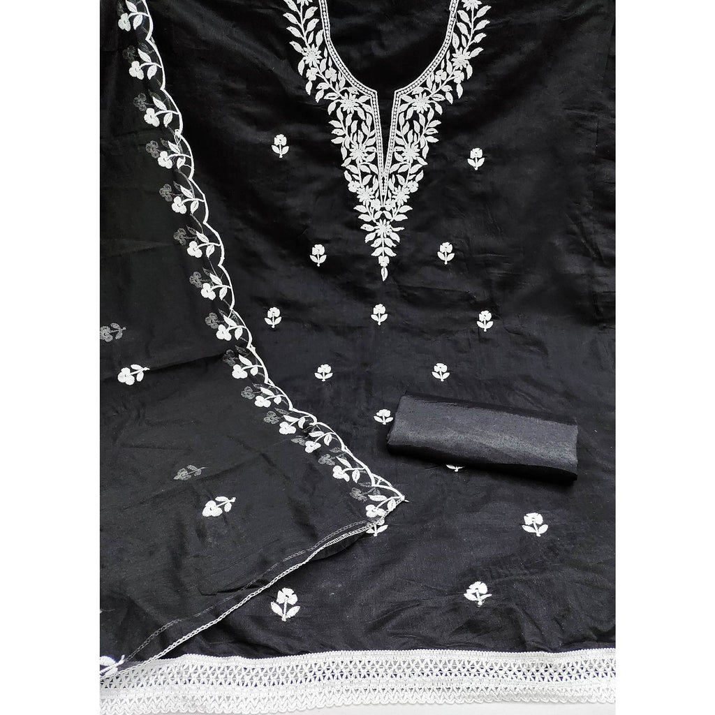 Black Chanderi Cotton Dress Material With Delicate Floral Thread Embroidery