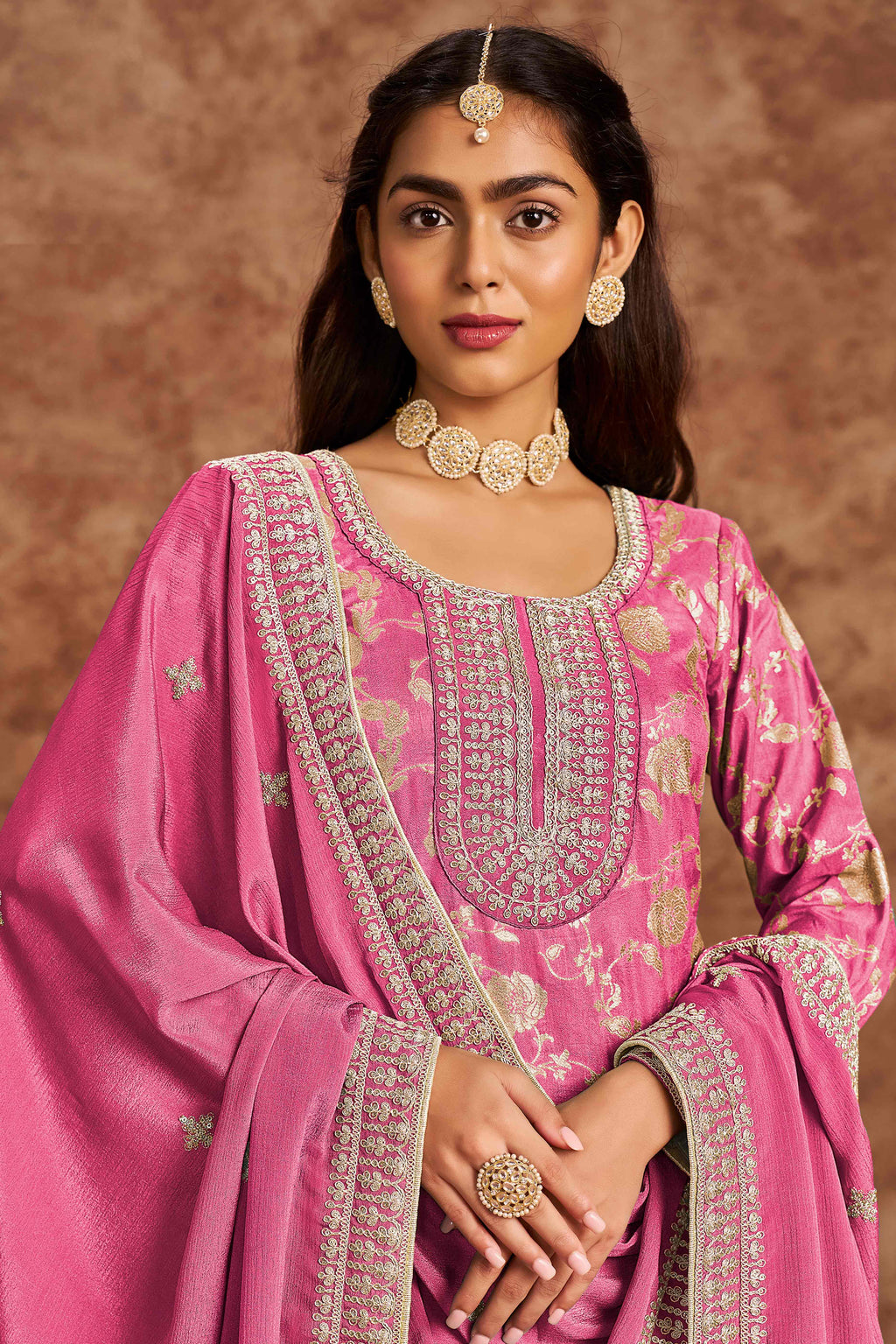 Pink Floral Woven Dola Silk Jacquard Dress Material