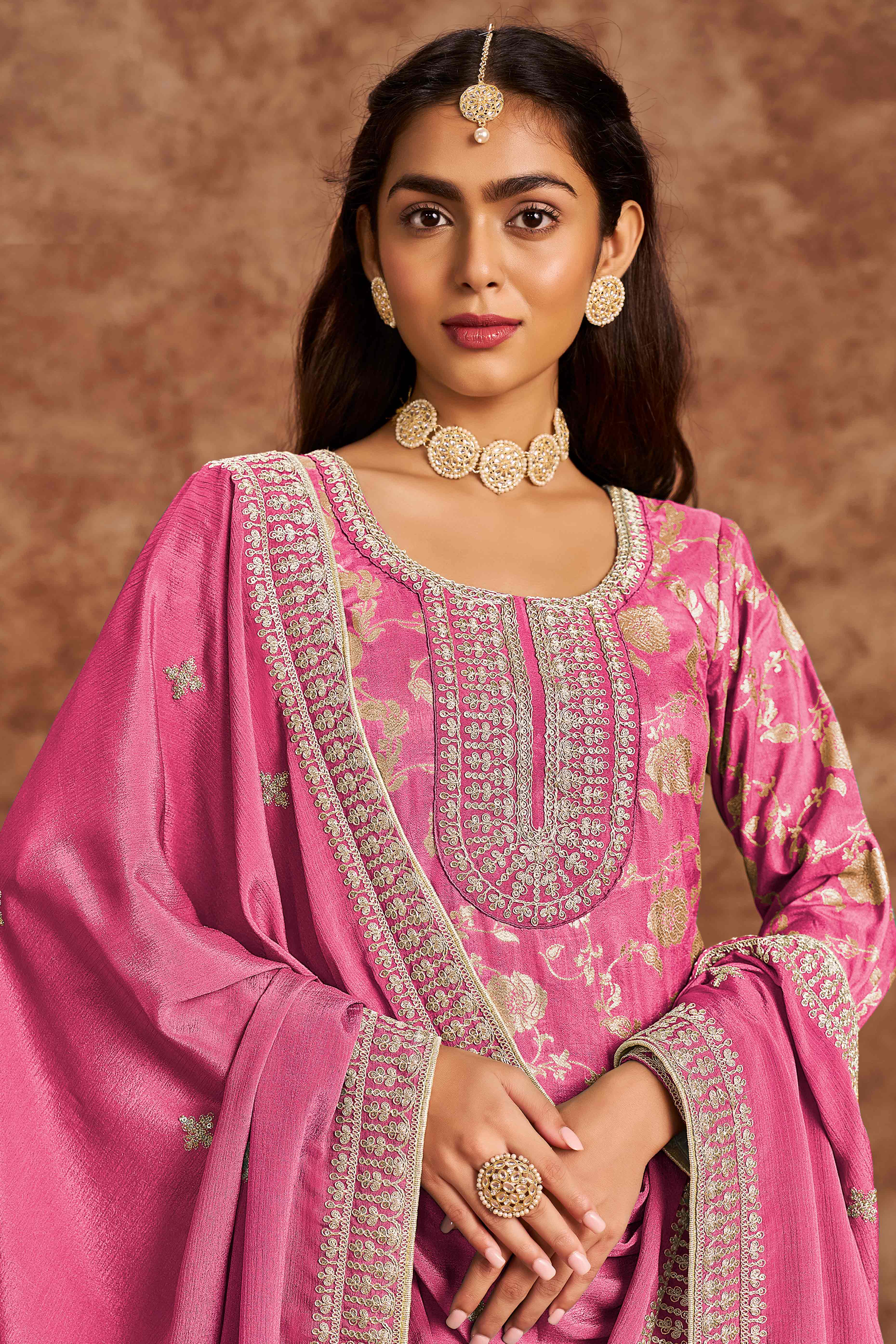 Pink Floral Woven Dola Silk Jacquard Dress Material