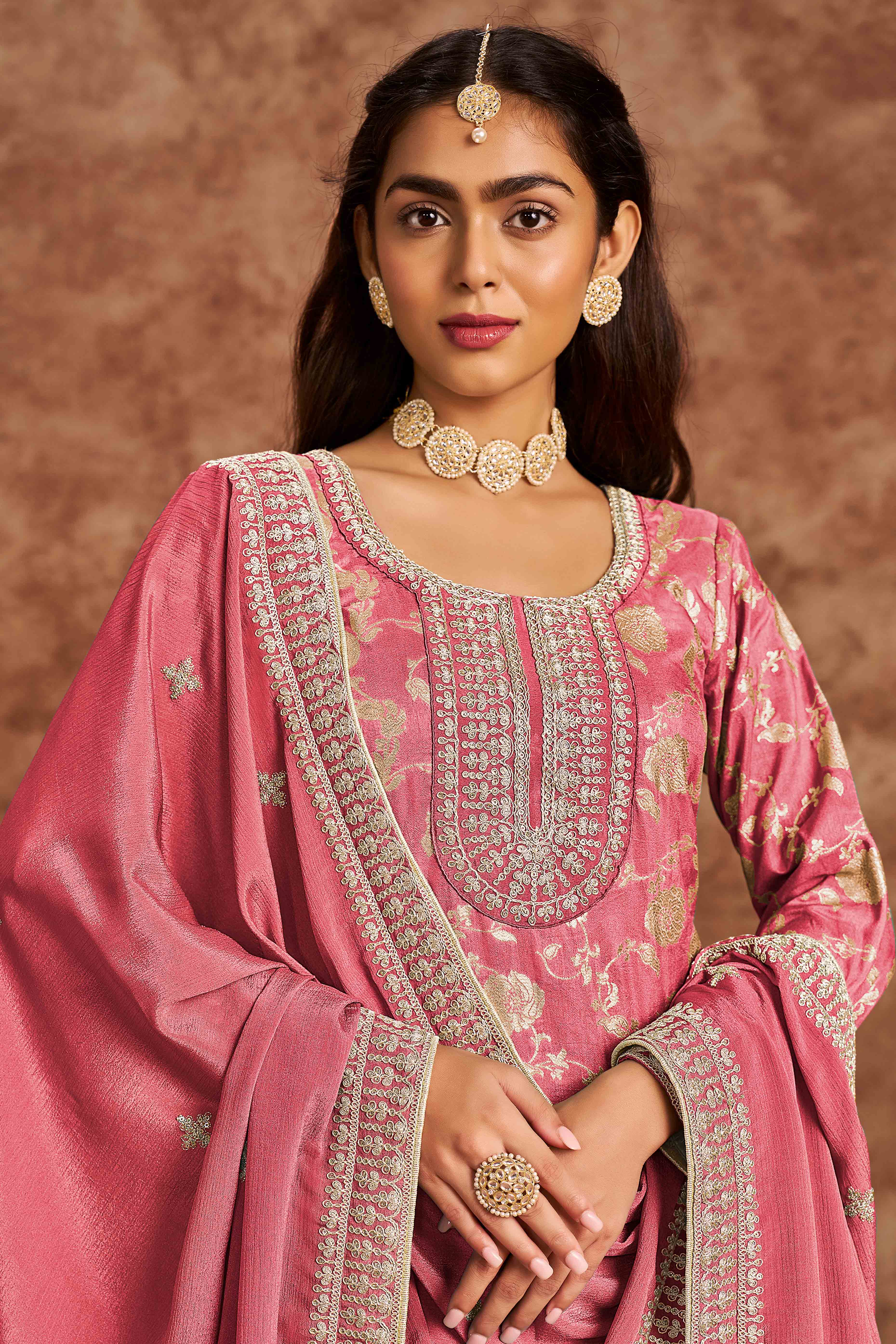 Peach Floral Woven Dola Silk Jacquard Dress Material