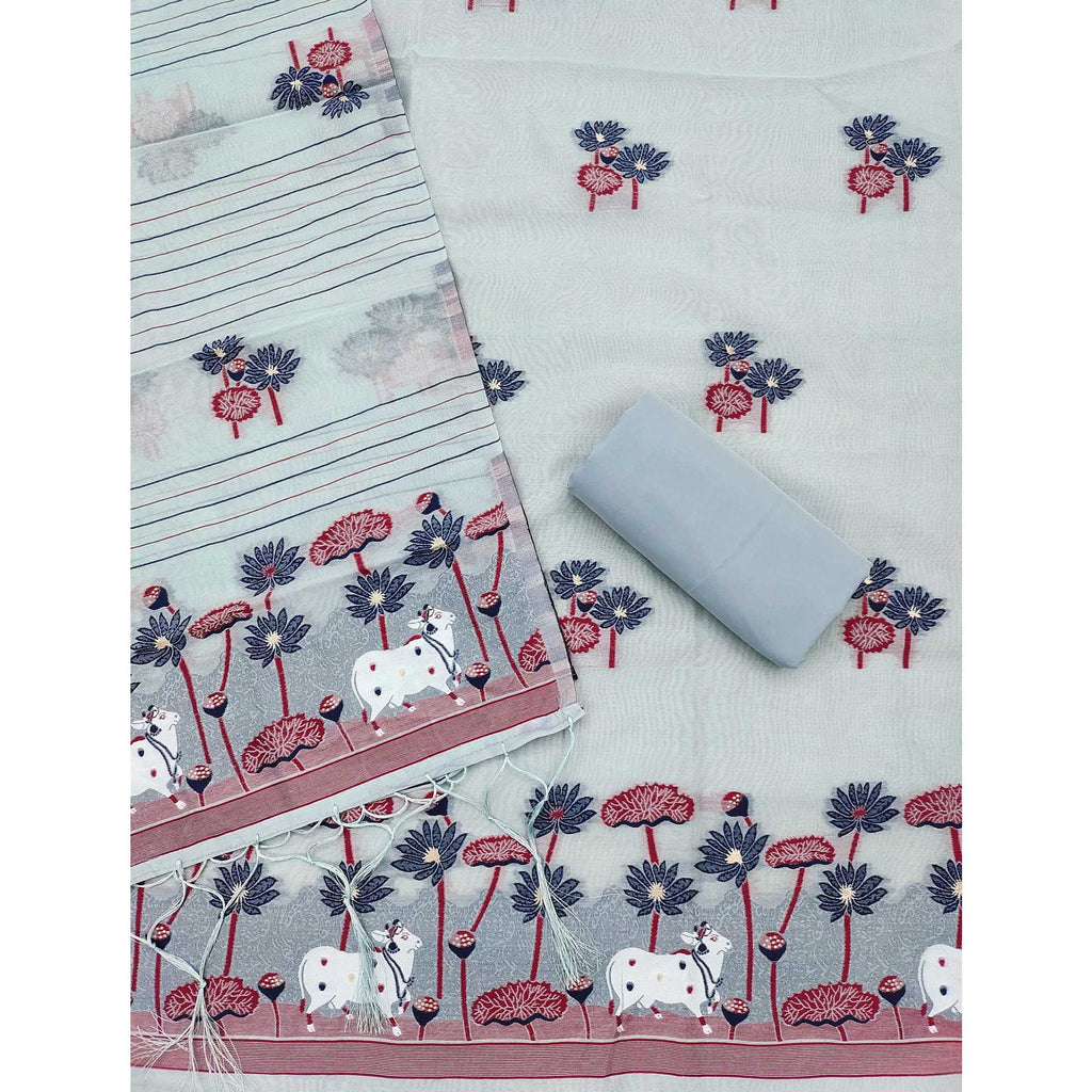 Grey Cotton Blend Dress Material With Intricate Floral Zari Weaving Detail