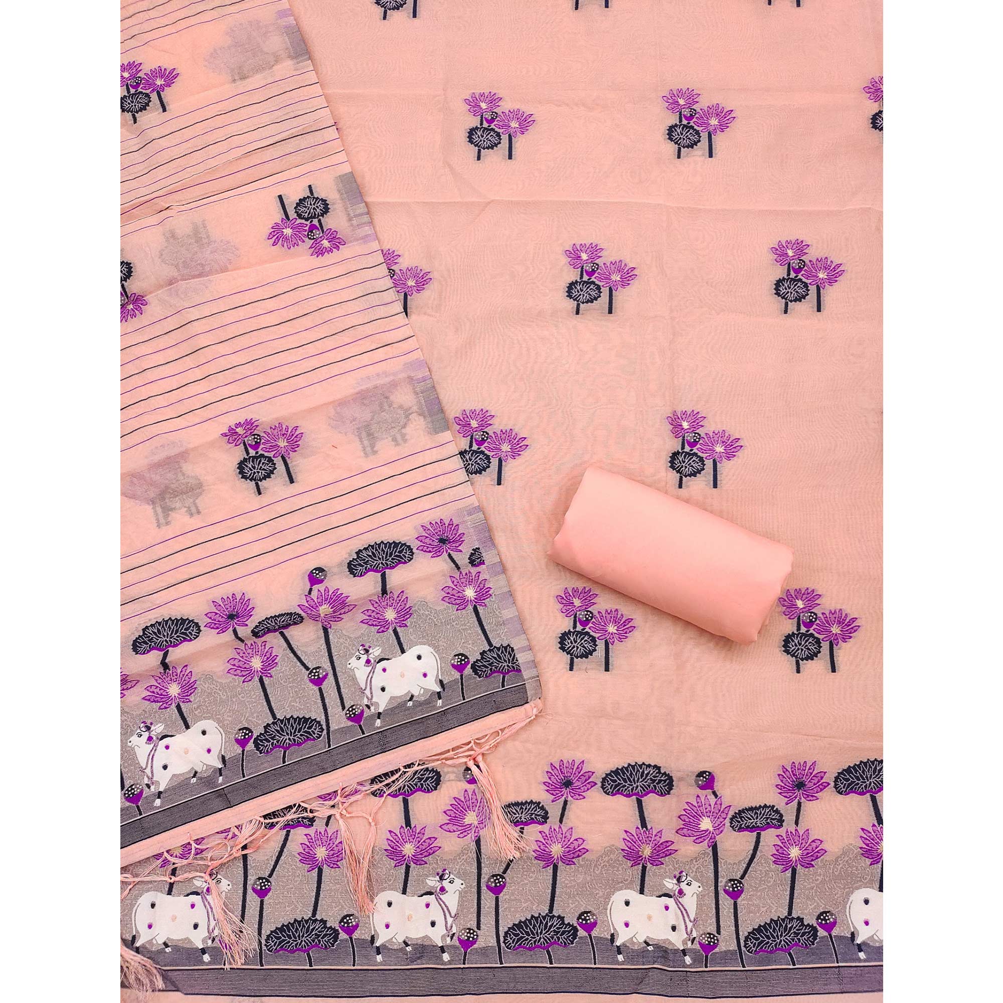 Peach Cotton Blend Dress Material With Intricate Floral Zari Weaving Detail