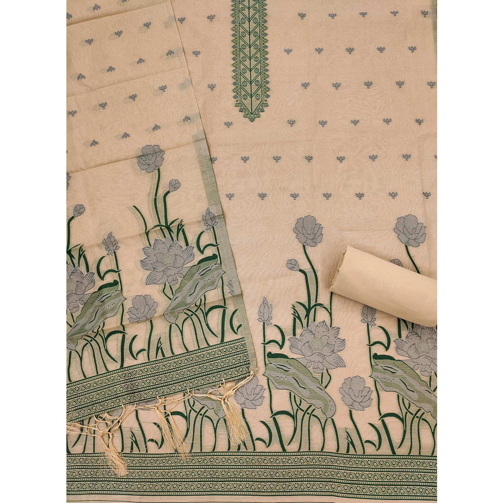 Chikoo Ethnic Dress Material Showcasing Handloom Style Floral Zari Weaving