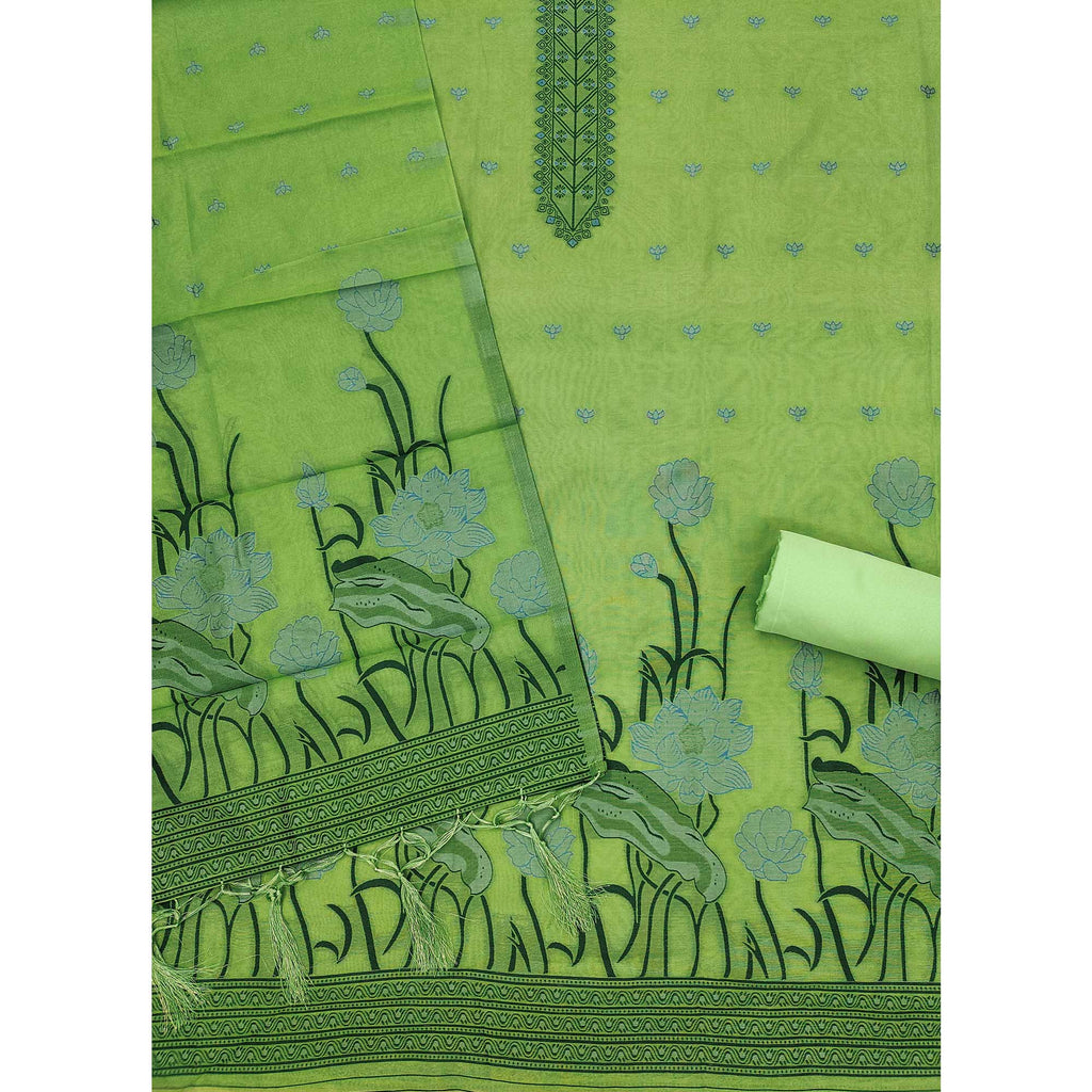 Green Ethnic Dress Material Showcasing Handloom Style Floral Zari Weaving