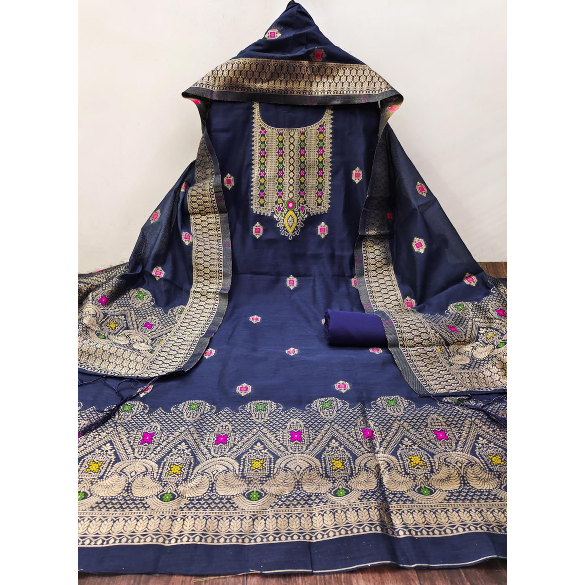 Navy Blue Floral Woven Chanderi Dress Material
