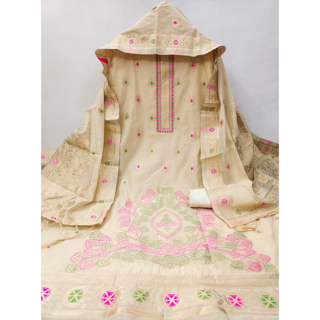 Beige Floral Woven Chanderi Dress Material