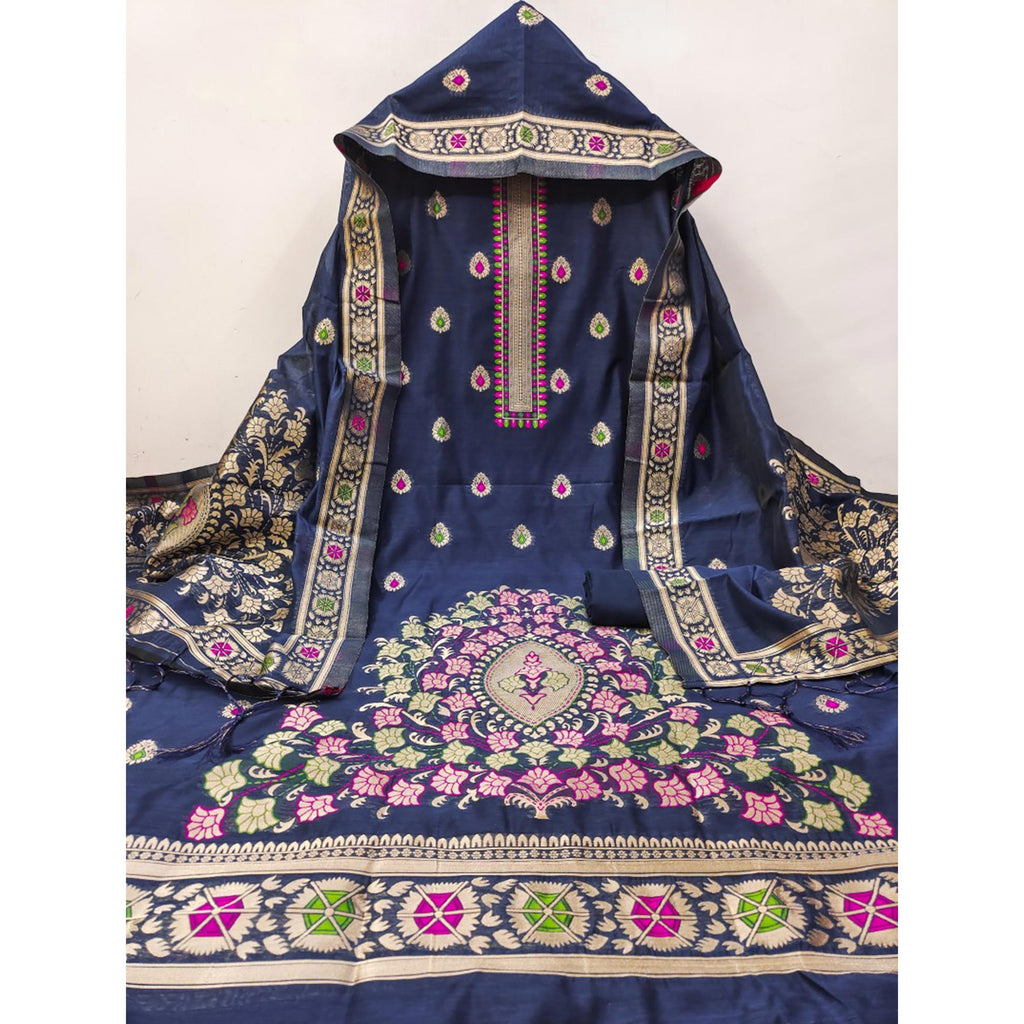 Navy Blue Floral Woven Chanderi Dress Material