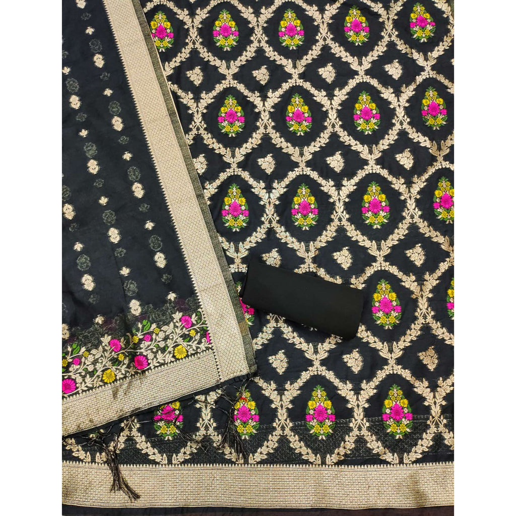 Black Floral Woven Chanderi Dress Material
