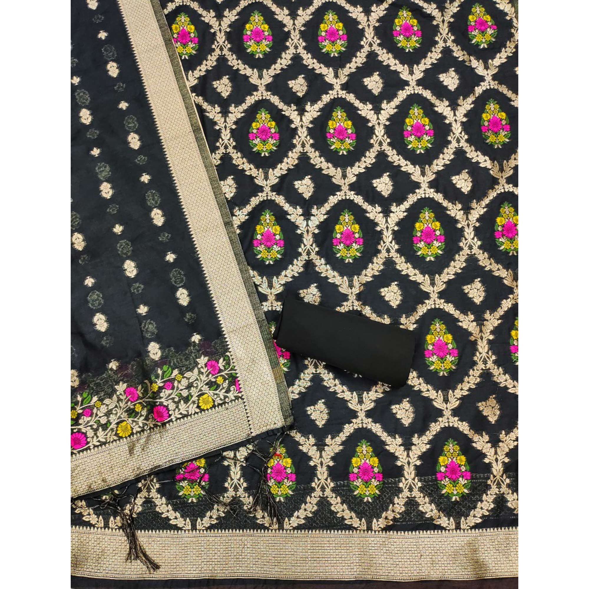 Black Floral Woven Chanderi Dress Material