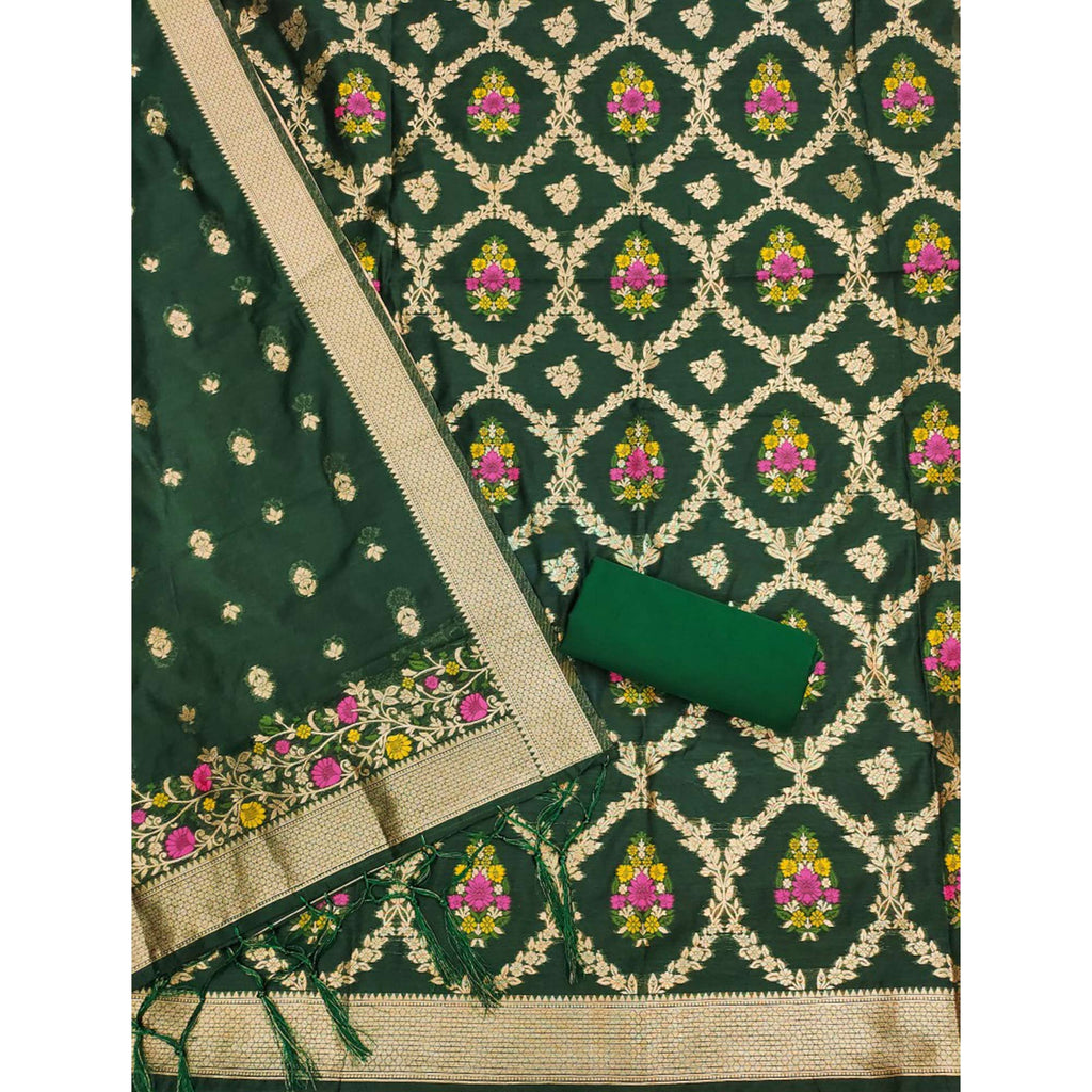 Green Floral Woven Chanderi Dress Material