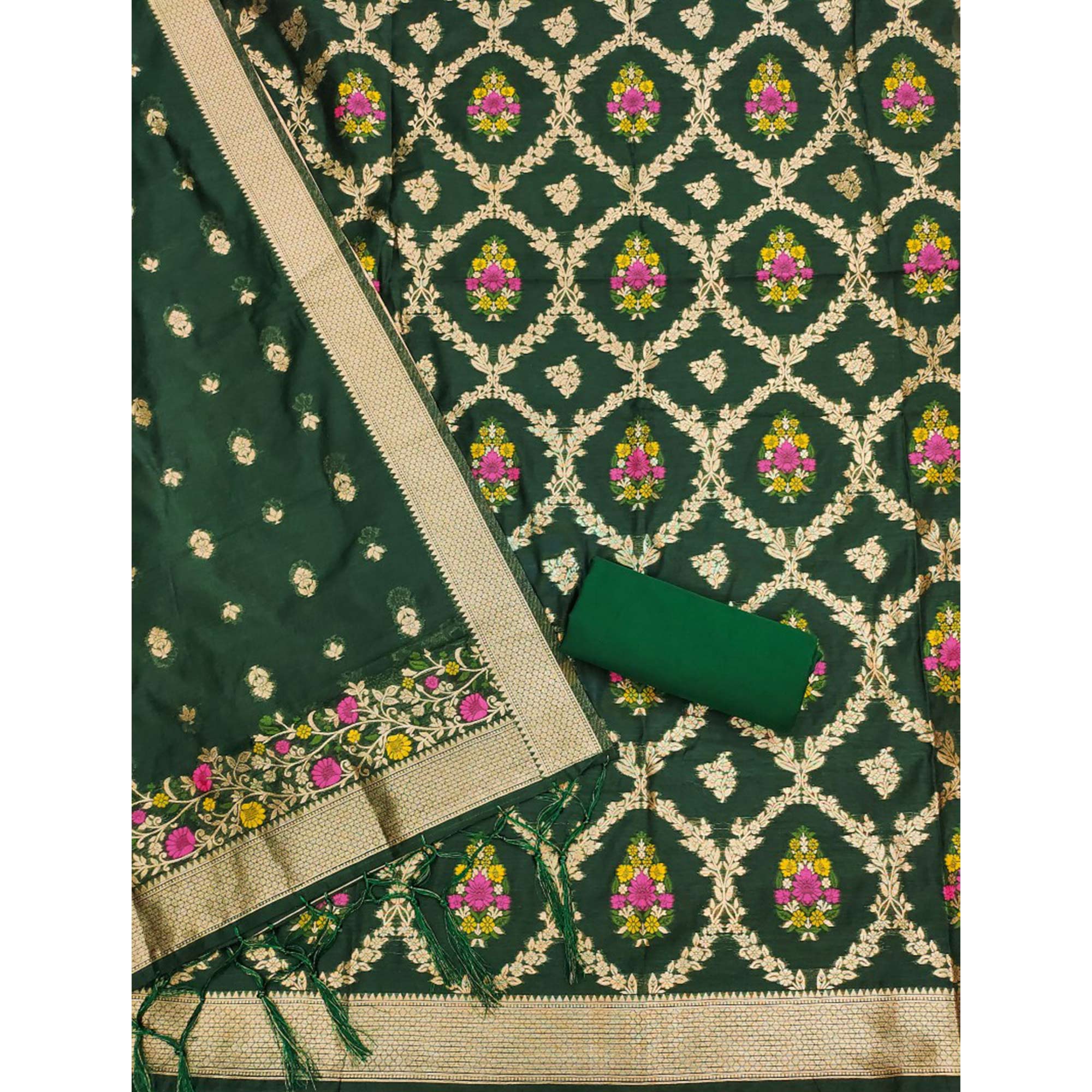 Green Floral Woven Chanderi Dress Material
