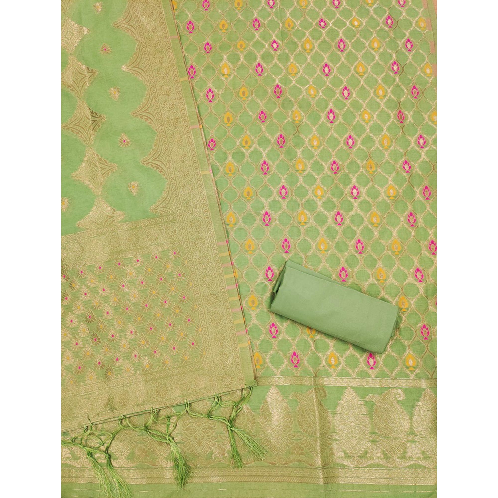 Green Woven Chanderi Dress Material
