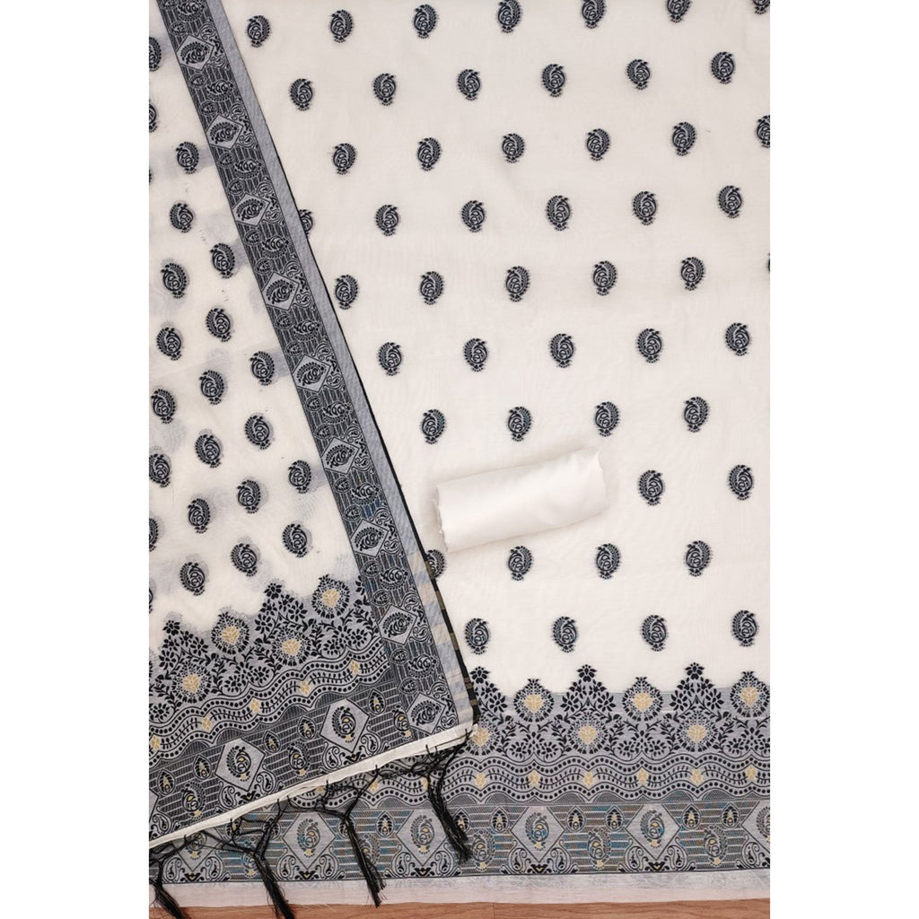 Offwhite & Black Floral Woven Chanderi Dress Material