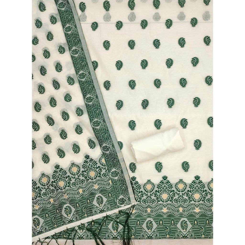 Offwhite & Green Floral Woven Chanderi Dress Material