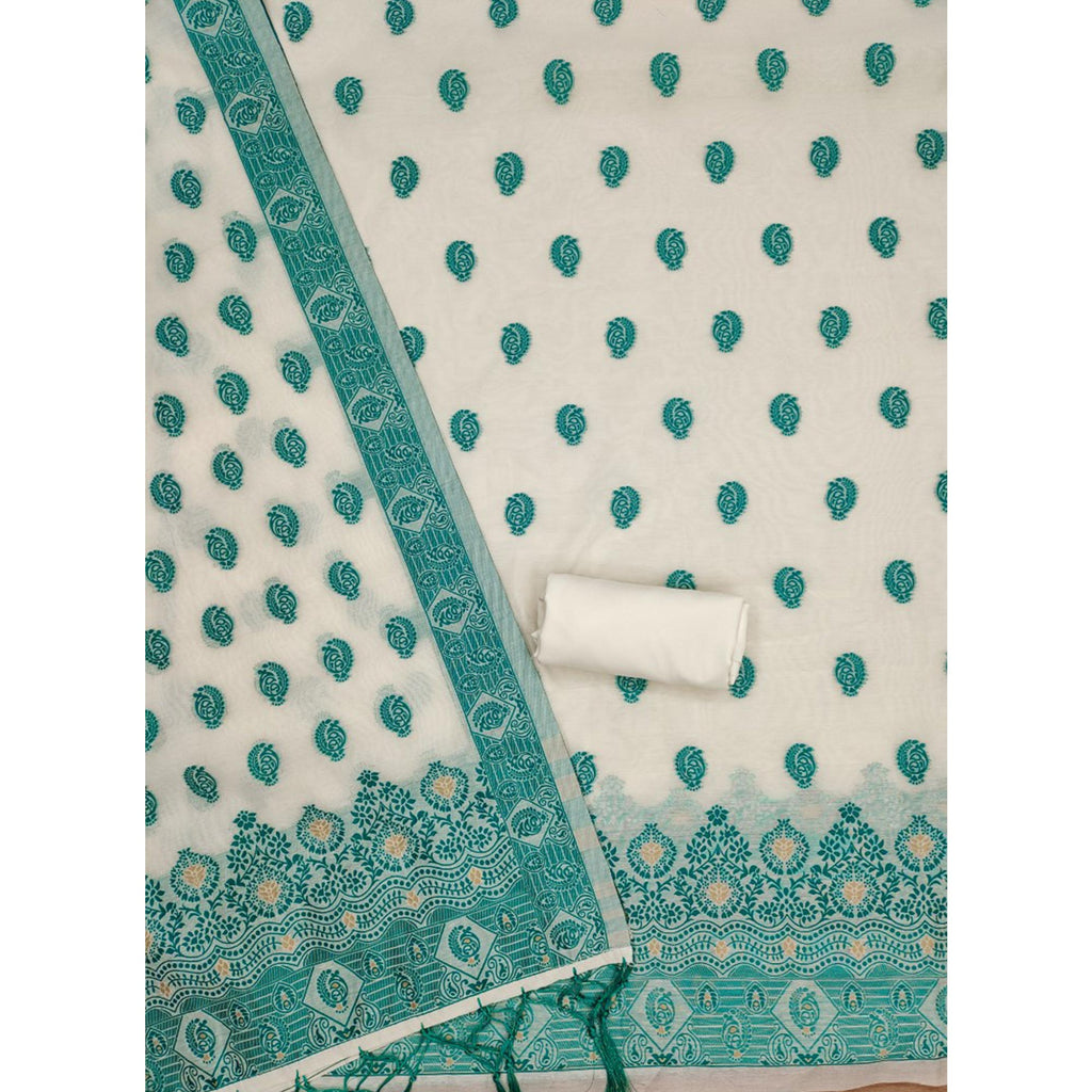 Offwhite & Teal Floral Woven Chanderi Dress Material