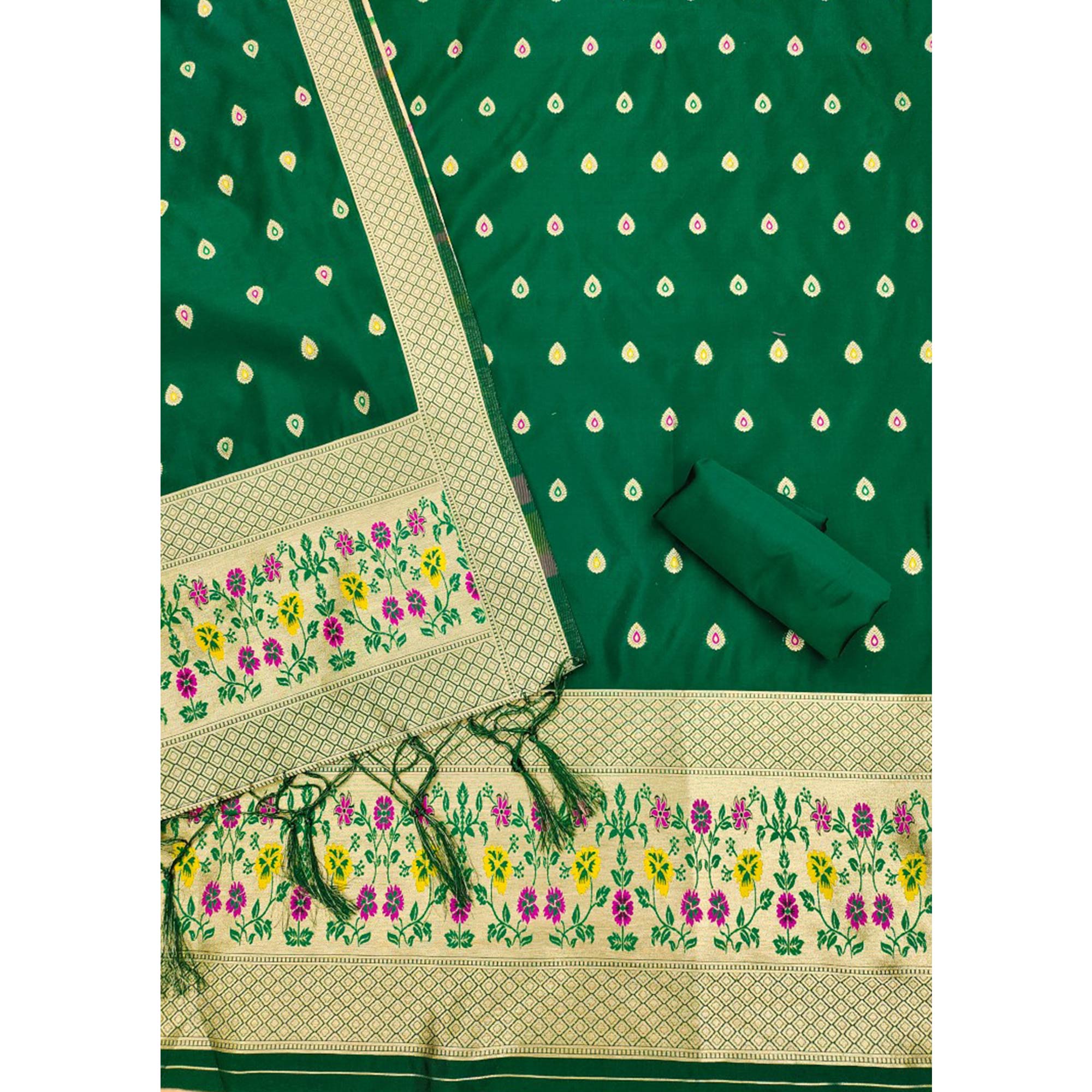 Green Floral Zari Woven Banarasi Silk Dress Material