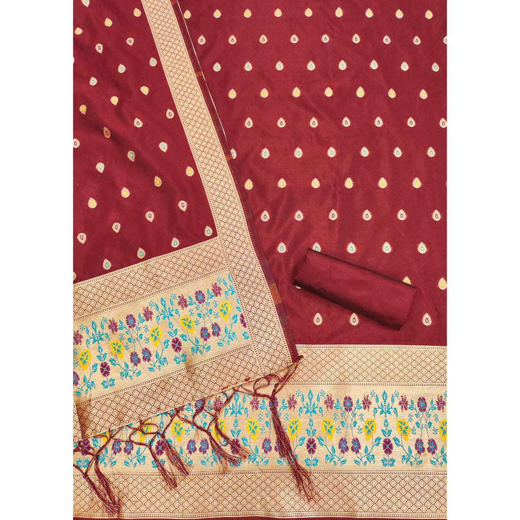 Maroon Floral Zari Woven Banarasi Silk Dress Material