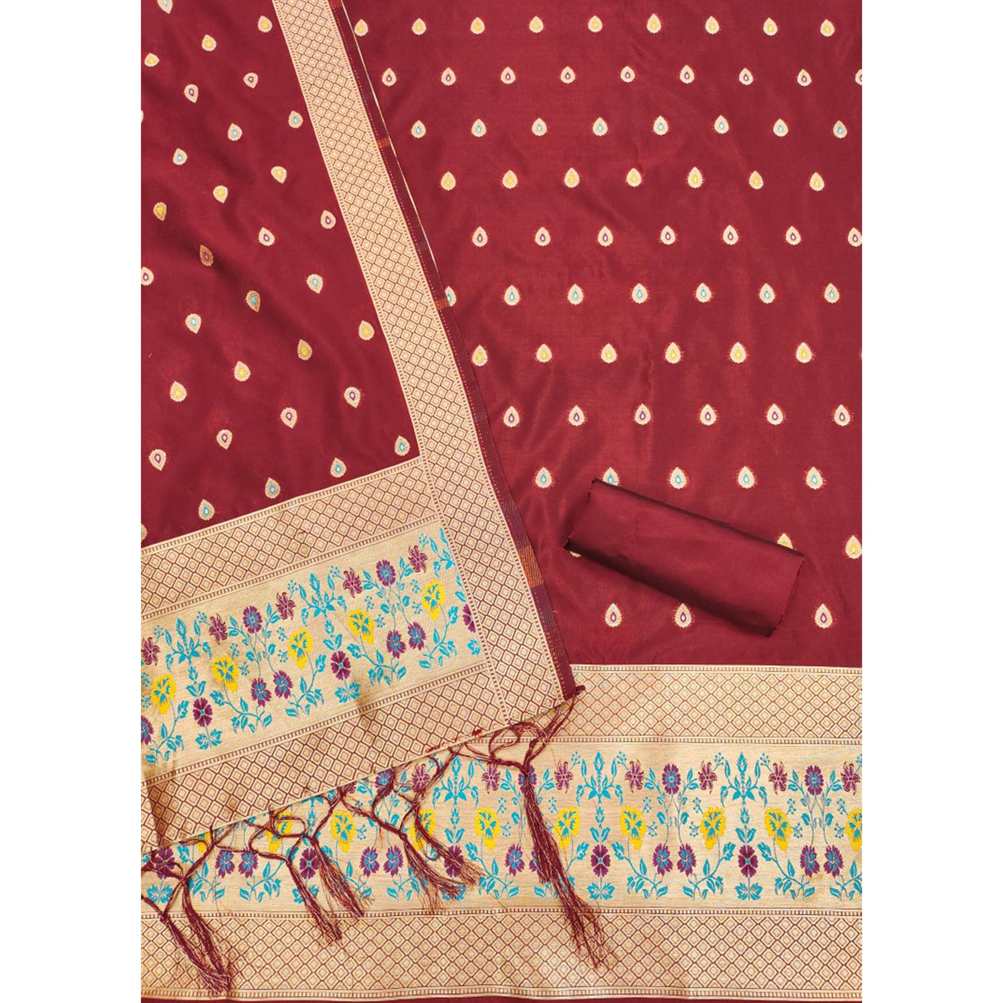 Maroon Floral Zari Woven Banarasi Silk Dress Material