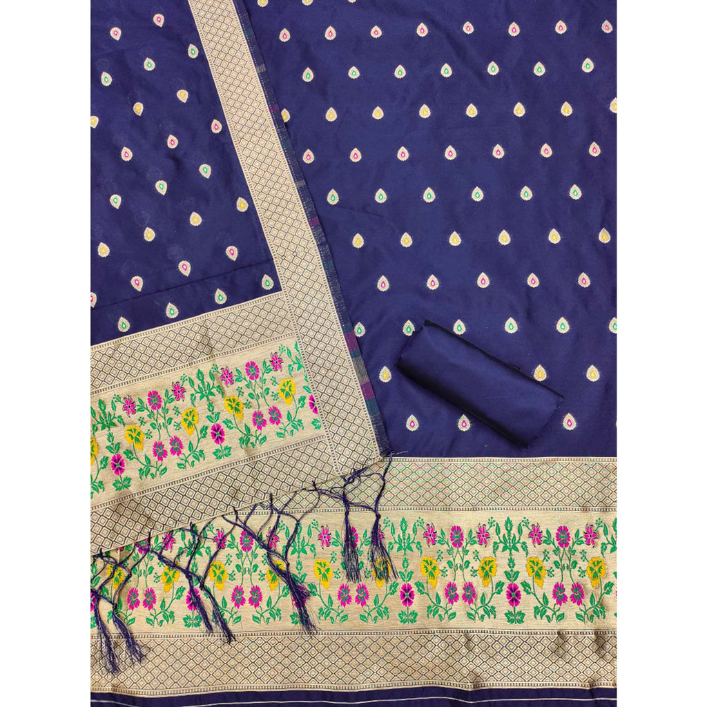 Navy Blue Floral Zari Woven Banarasi Silk Dress Material