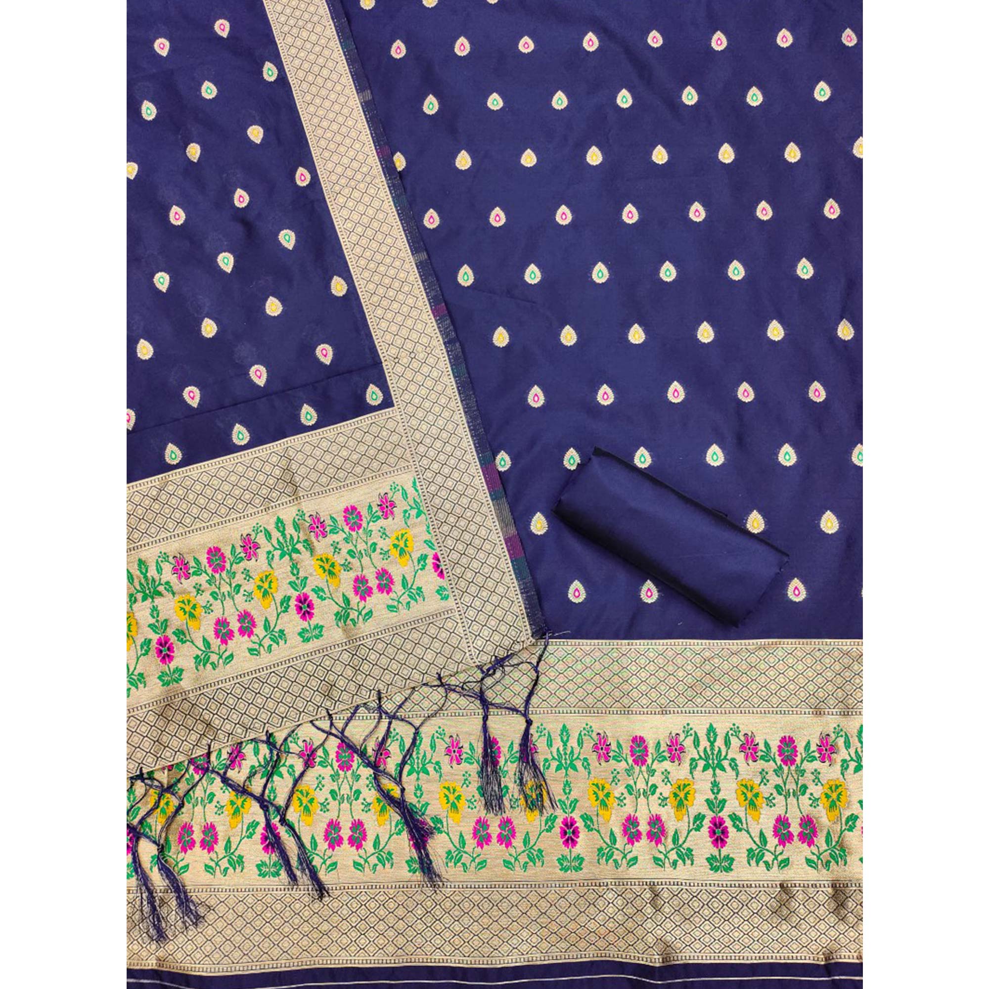 Navy Blue Floral Zari Woven Banarasi Silk Dress Material