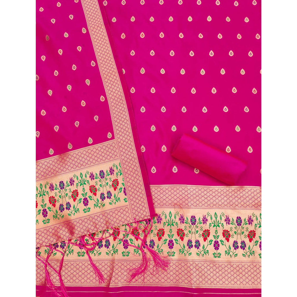 Pink Floral Zari Woven Banarasi Silk Dress Material