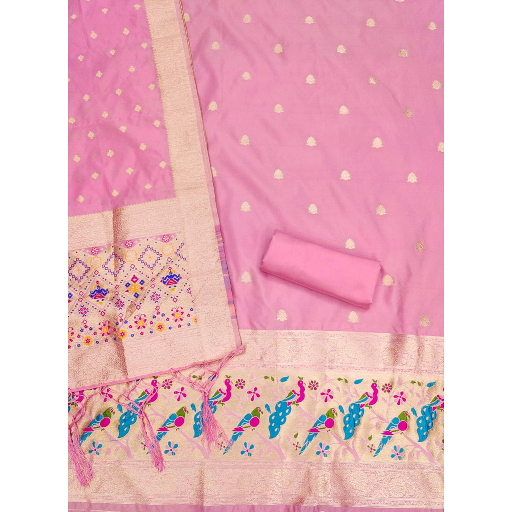 Baby Pink Floral Zari Woven Banarasi Silk Dress Material