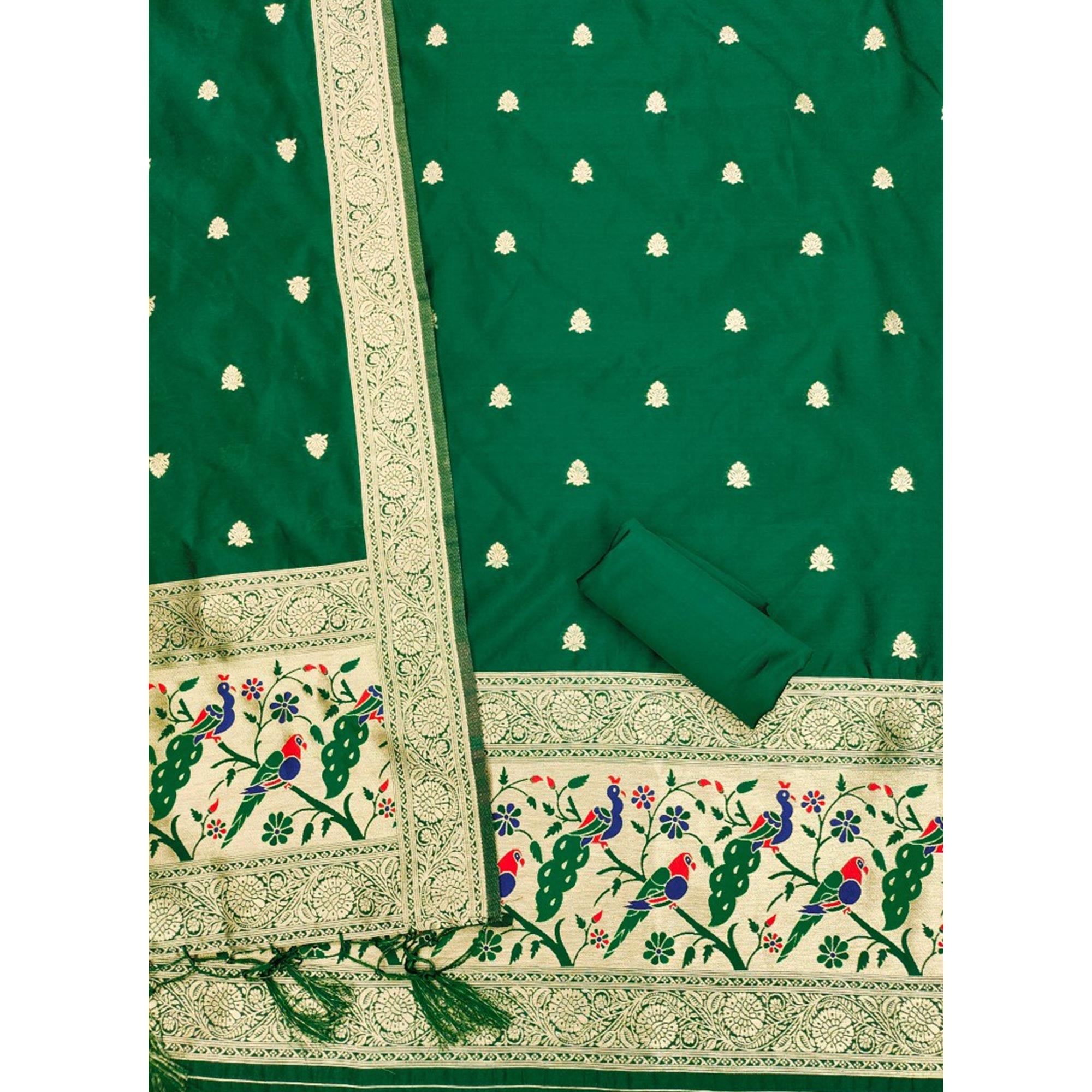 Green Floral Zari Woven Banarasi Silk Dress Material