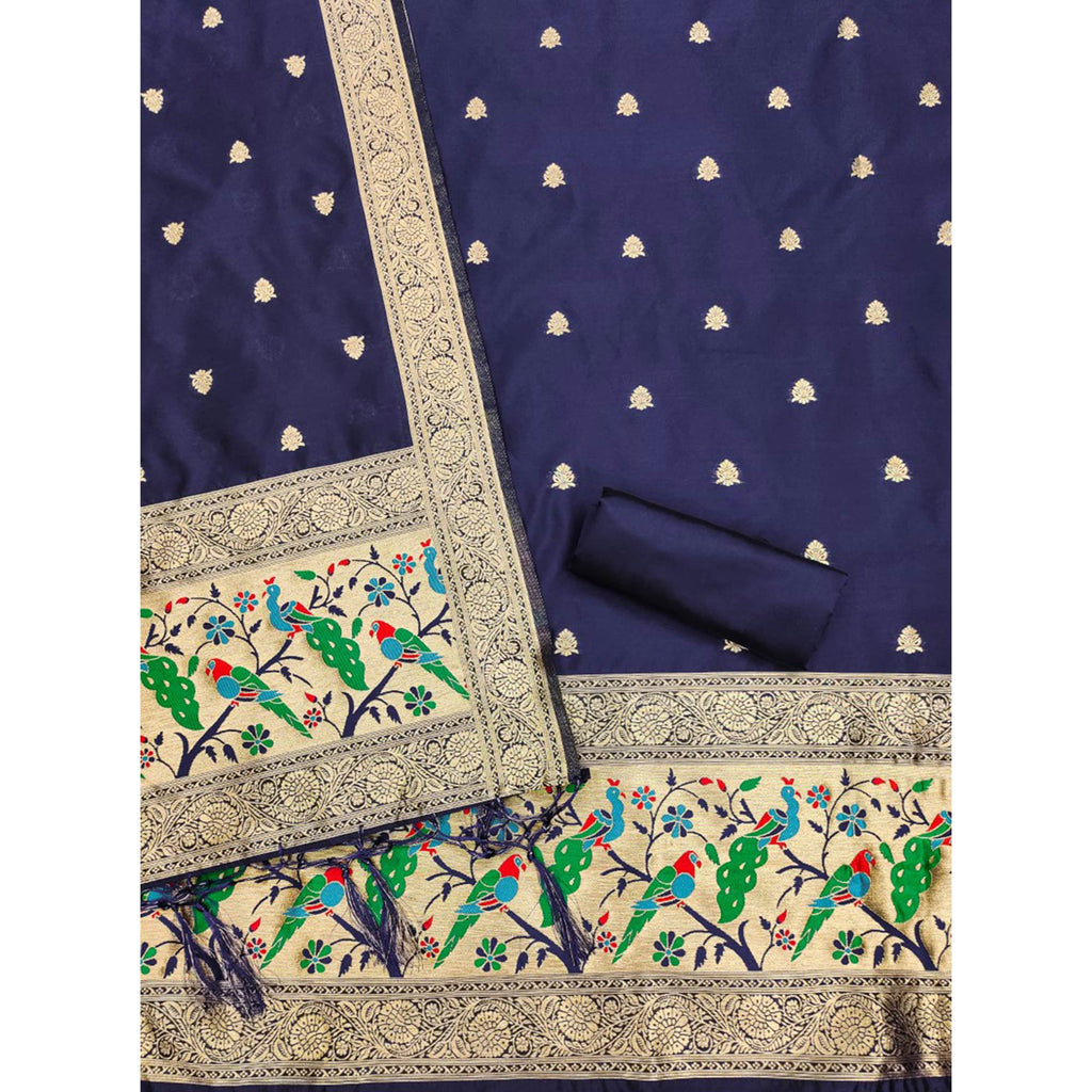 Navy Blue Floral Zari Woven Banarasi Silk Dress Material