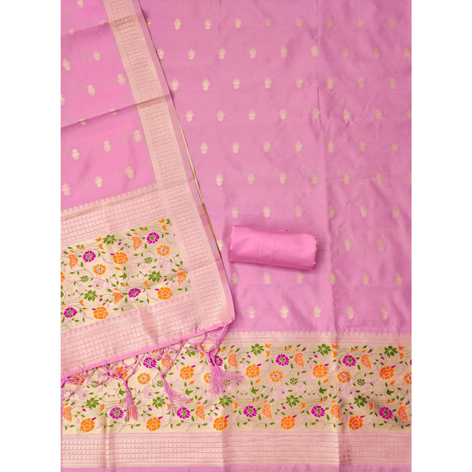 Baby Pink Floral Zari Woven Banarasi Silk Dress Material