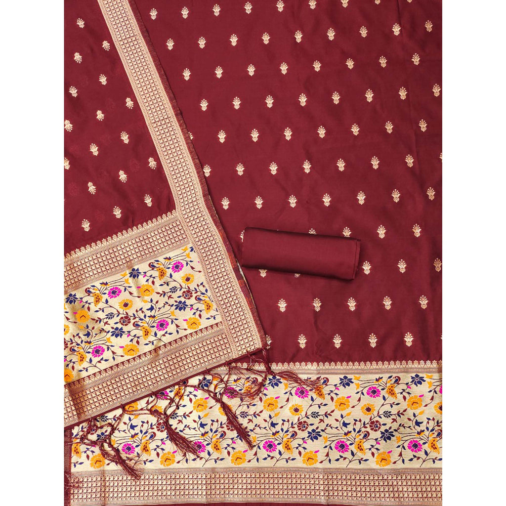 Maroon Floral Zari Woven Banarasi Silk Dress Material