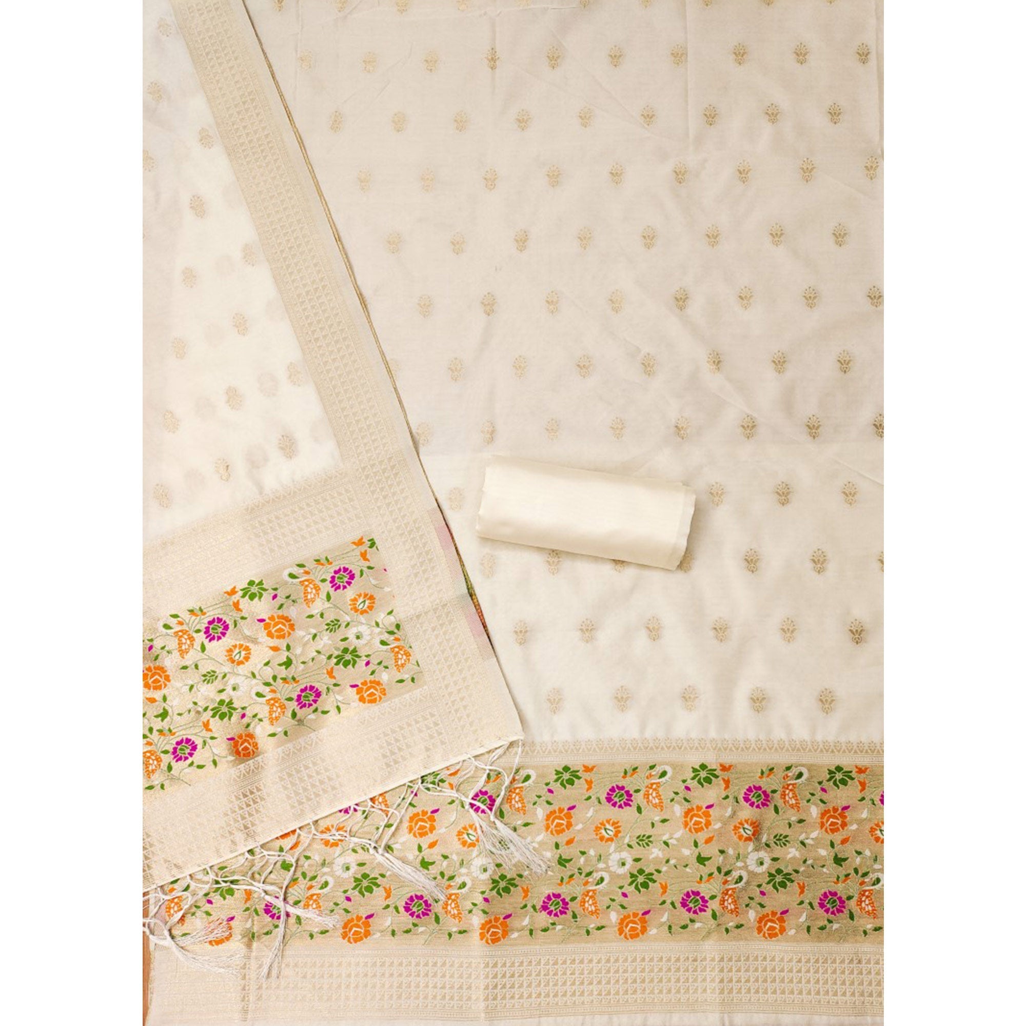 Offwhite Floral Zari Woven Banarasi Silk Dress Material