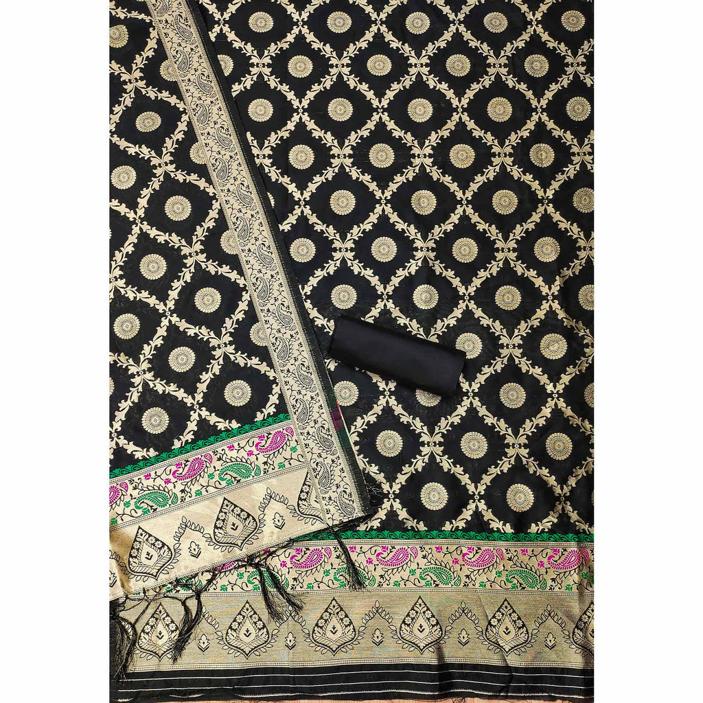 Black Zari Woven Banarasi Silk Dress Material With Elegant Floral Motifs