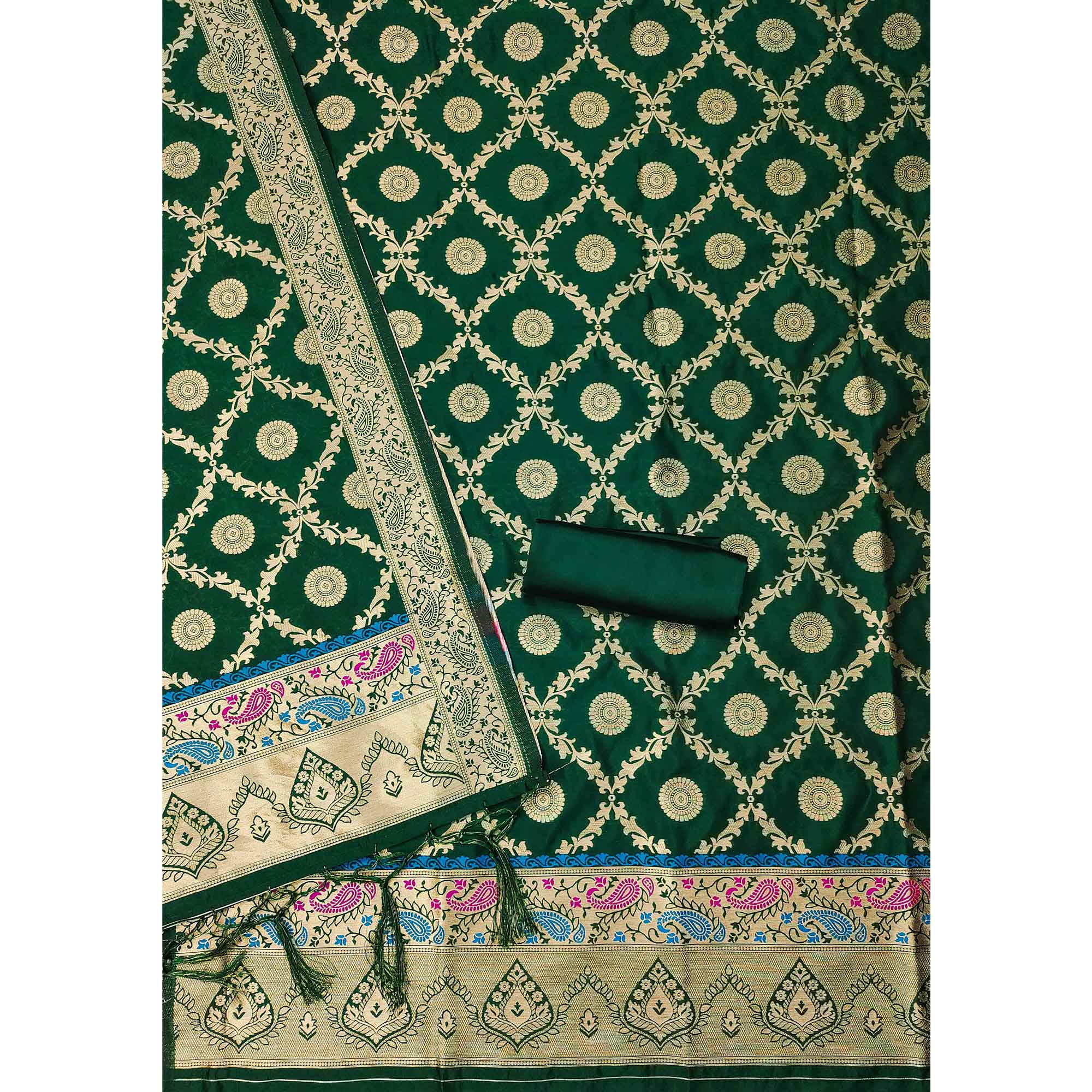 Bottle Green Zari Woven Banarasi Silk Dress Material With Elegant Floral Motifs