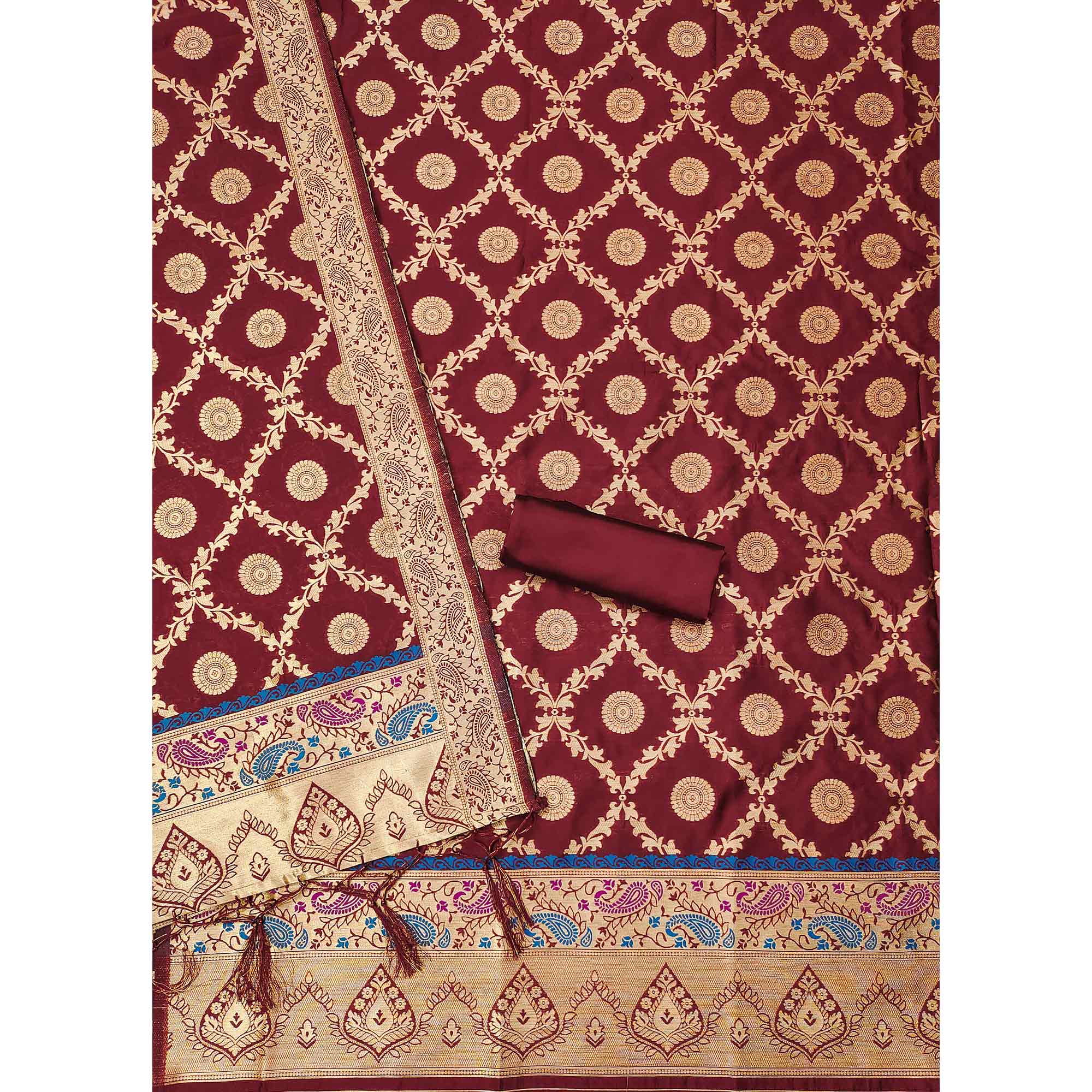 Maroon Zari Woven Banarasi Silk Dress Material With Elegant Floral Motifs