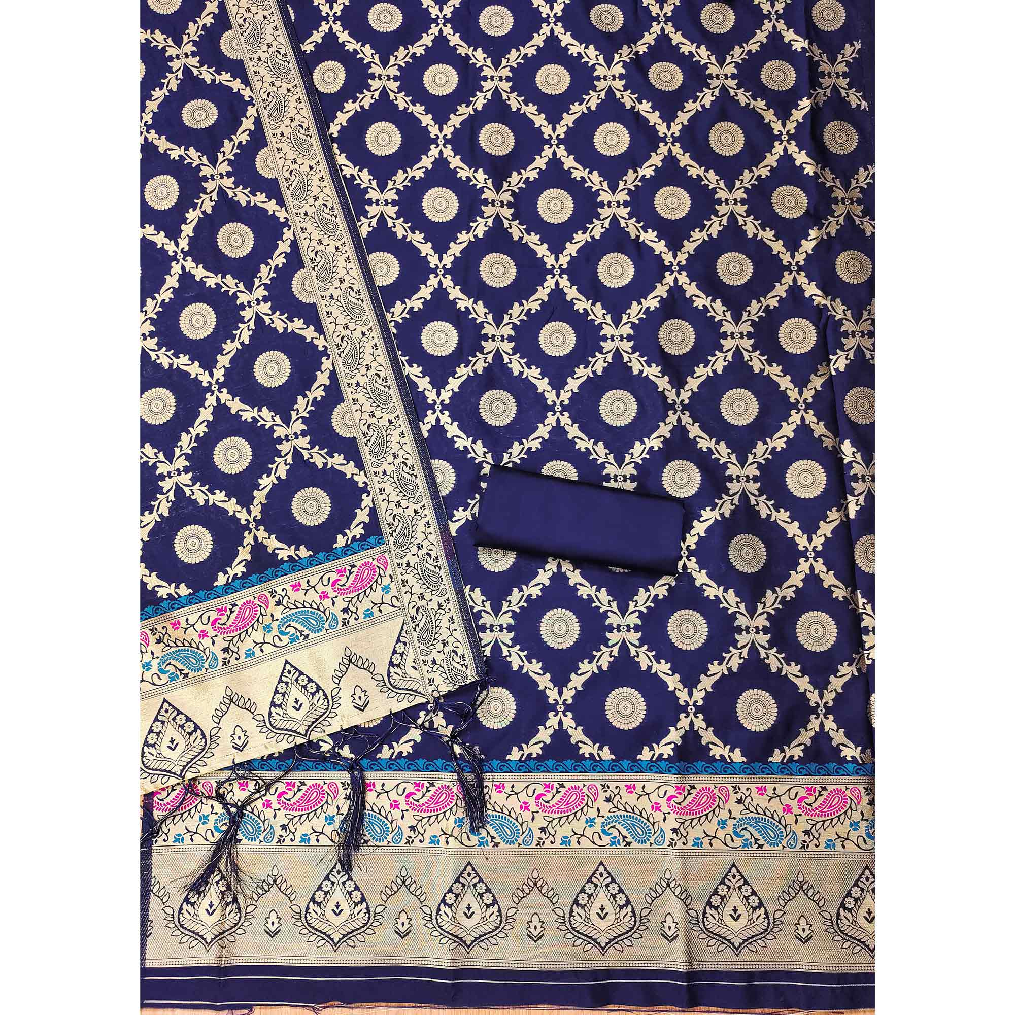 Navy Blue Zari Woven Banarasi Silk Dress Material With Elegant Floral Motifs
