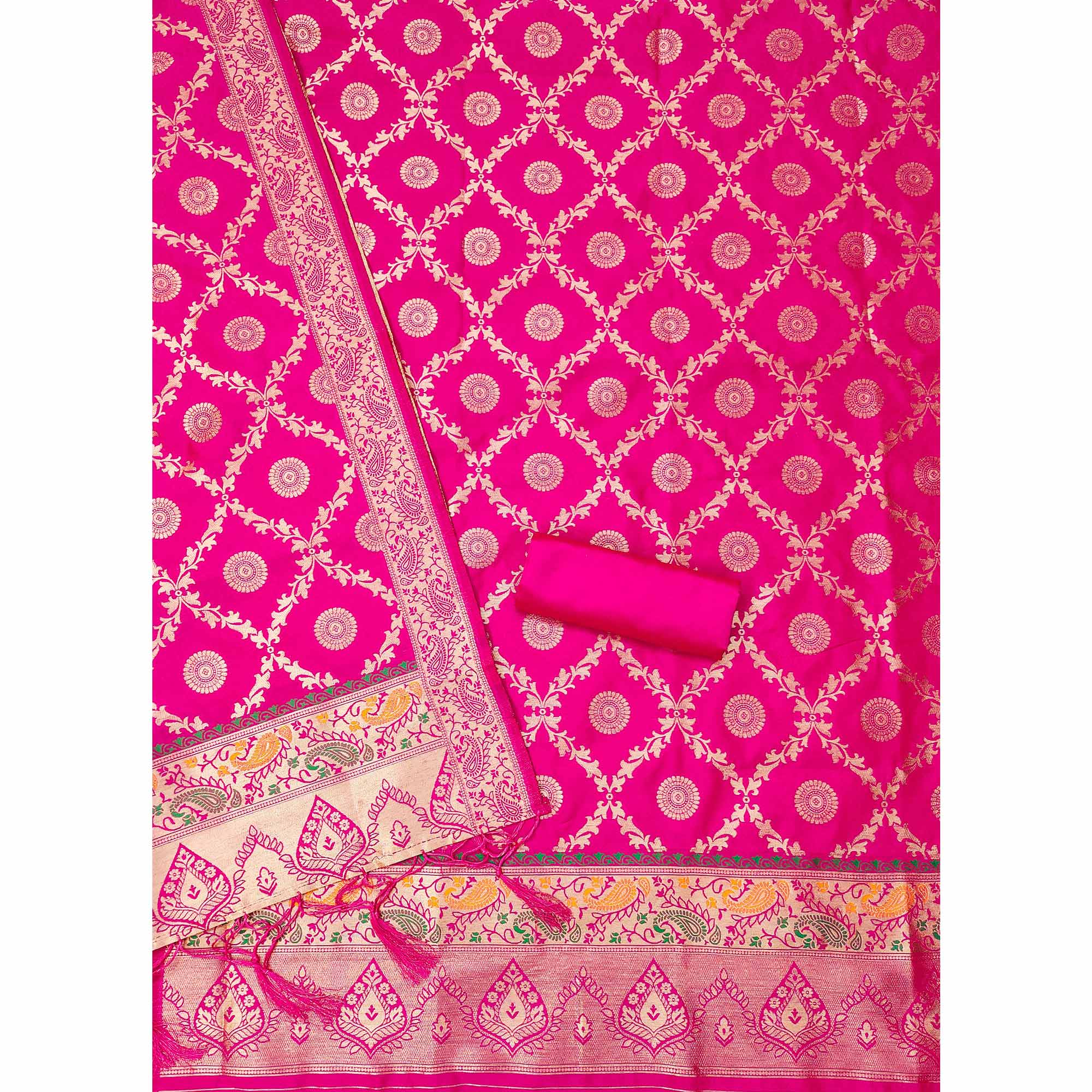 Pink Zari Woven Banarasi Silk Dress Material With Elegant Floral Motifs