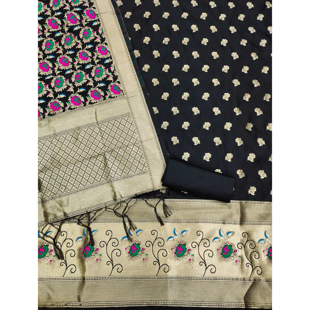 Black Floral Woven Banarasi Silk Dress Material