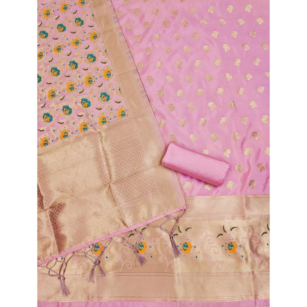 Baby Pink Floral Woven Banarasi Silk Dress Material