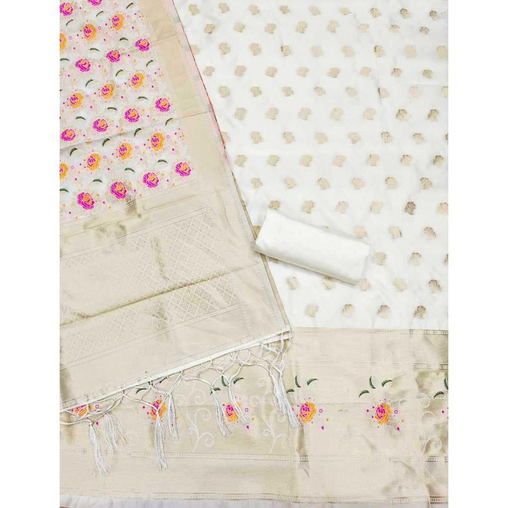 Off white Floral Woven Banarasi Silk Dress Material