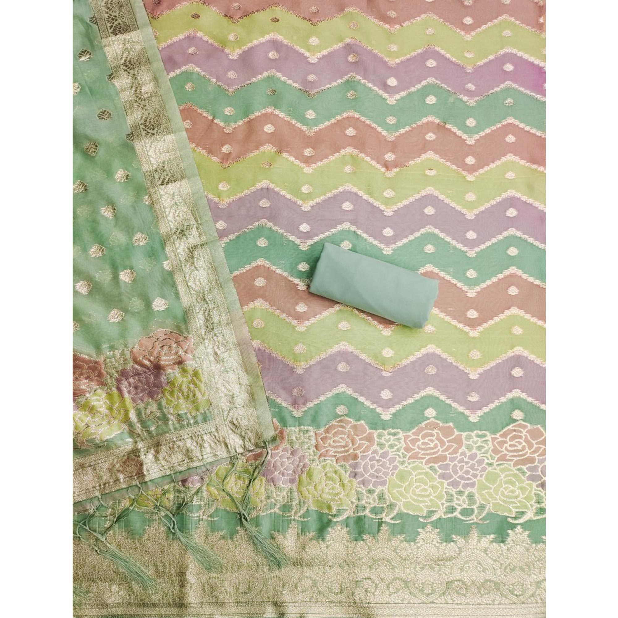 Green Floral Woven Organza Dress Material