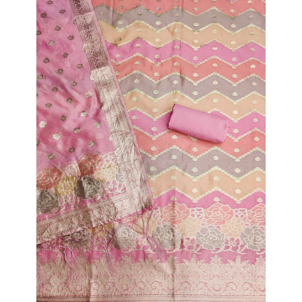 Pink Floral Woven Organza Dress Material