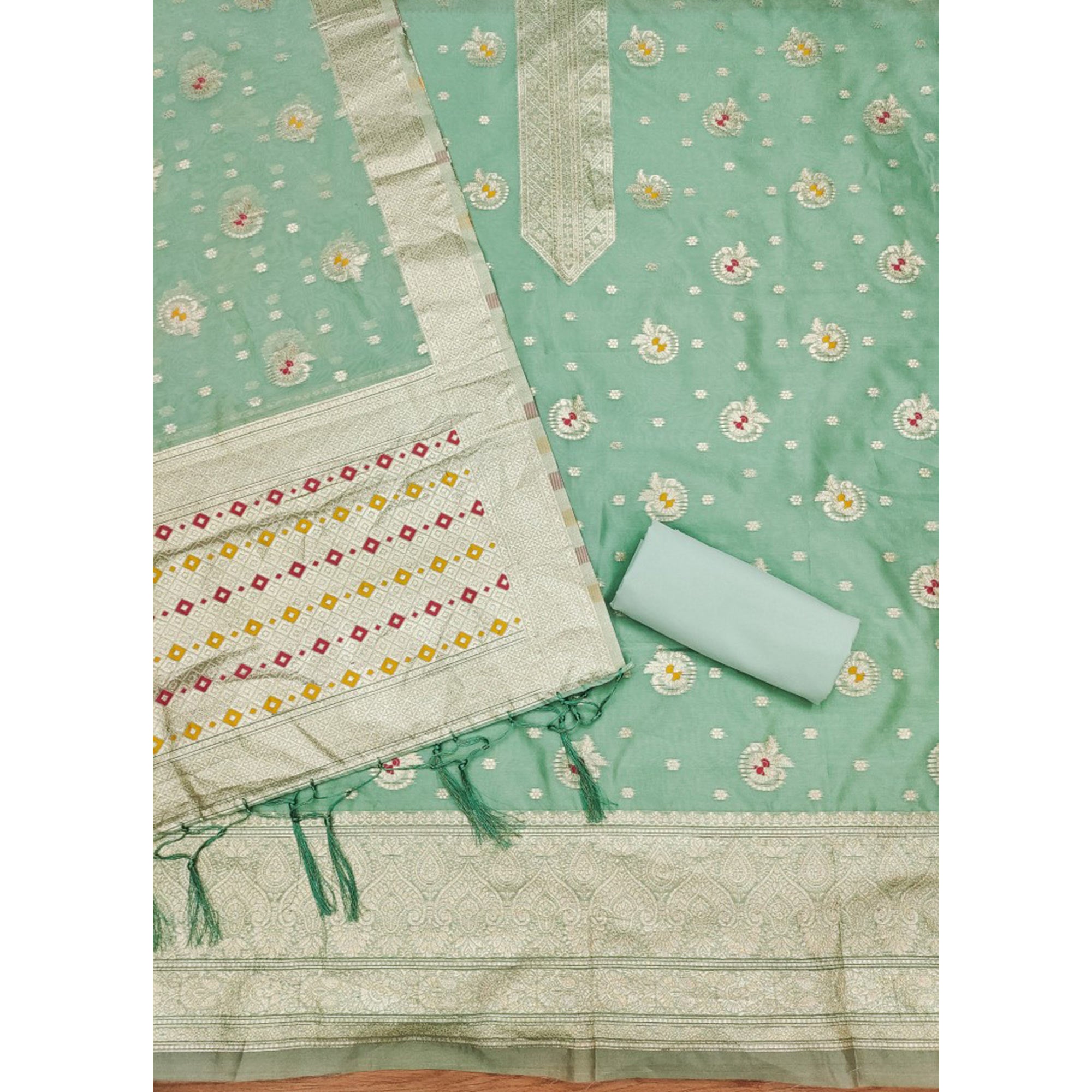 Green Floral Woven Organza Dress Material