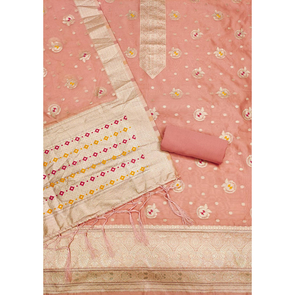 Peach Floral Woven Organza Dress Material