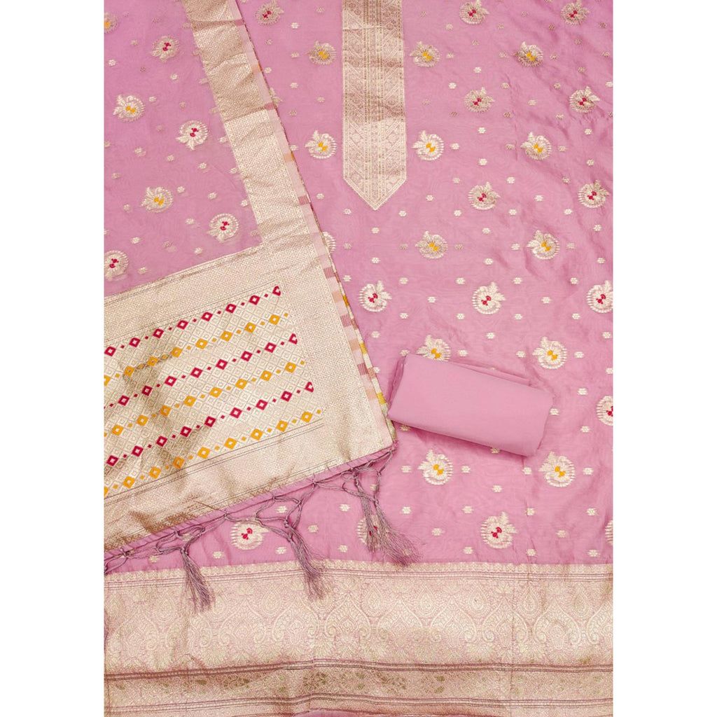 Pink Floral Woven Organza Dress Material