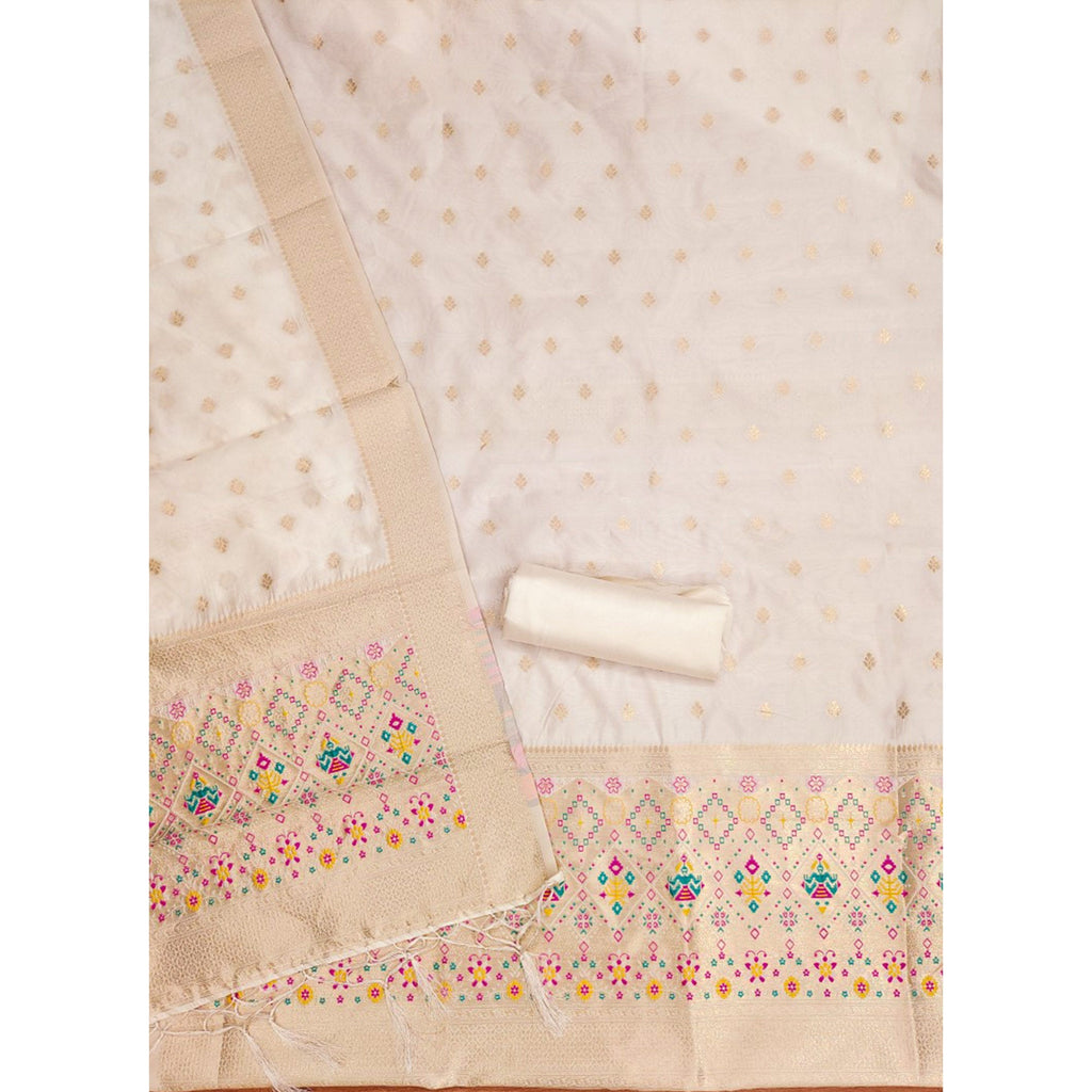 Off White Zari Weaving Soft Banarasi Silk Dress Material