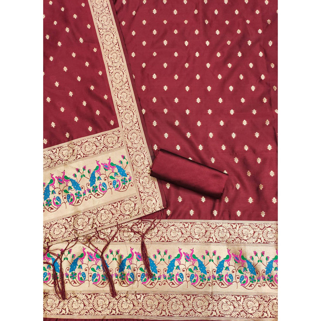 Maroon Floral Woven Banarasi Silk Dress Material